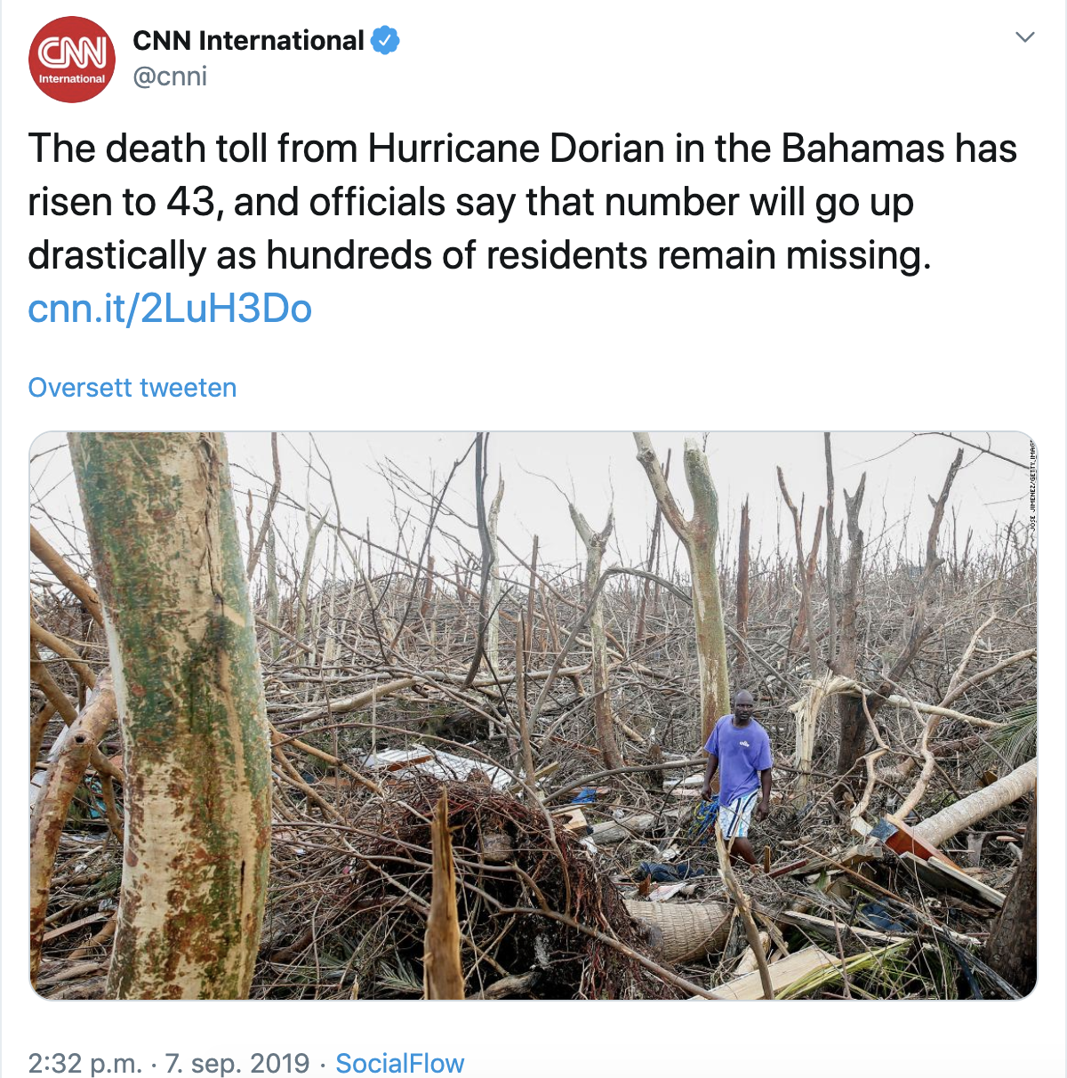 Screenshot av CNN sin tweet av Orkanen på Bahamas