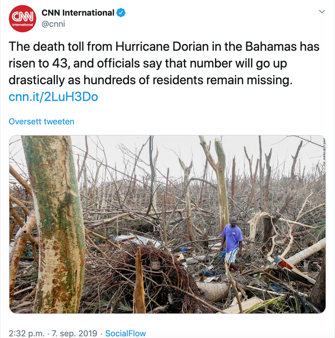 Screenshot av CNN sin tweet av Orkanen på Bahamas 