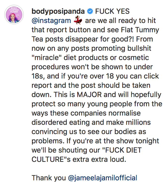 Megan Jayne Crabbe, som med kontoen @bodyposipanda har blitt selve dronningen av kroppspositivitet på Instagram, takker skuespiller og aktivist Jameela Jamil for hennes innsats (se skjermdump av innlegget)