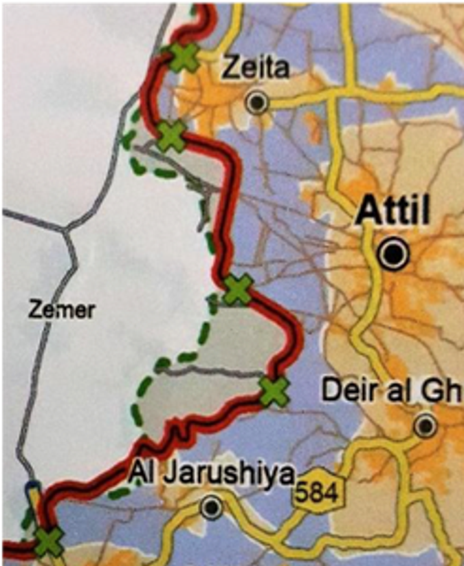 Seam zonen er det grå området, på utsiden av den røde linja, som er separasjonsbarrieren. Den grønne, stiplede linja er The Green Line og de grønne kryssene er jordbruksporter.