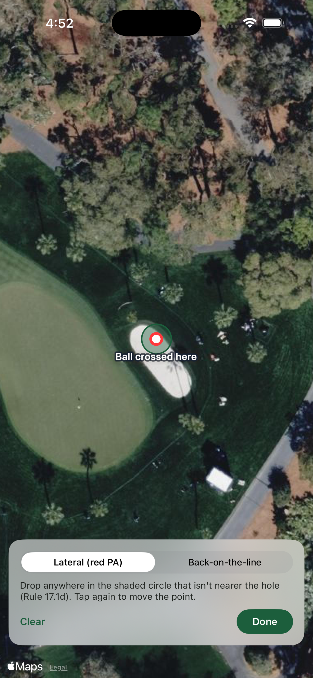 Relief procedures, served from the on-device rules database. A golf course is exactly where the network isn't.