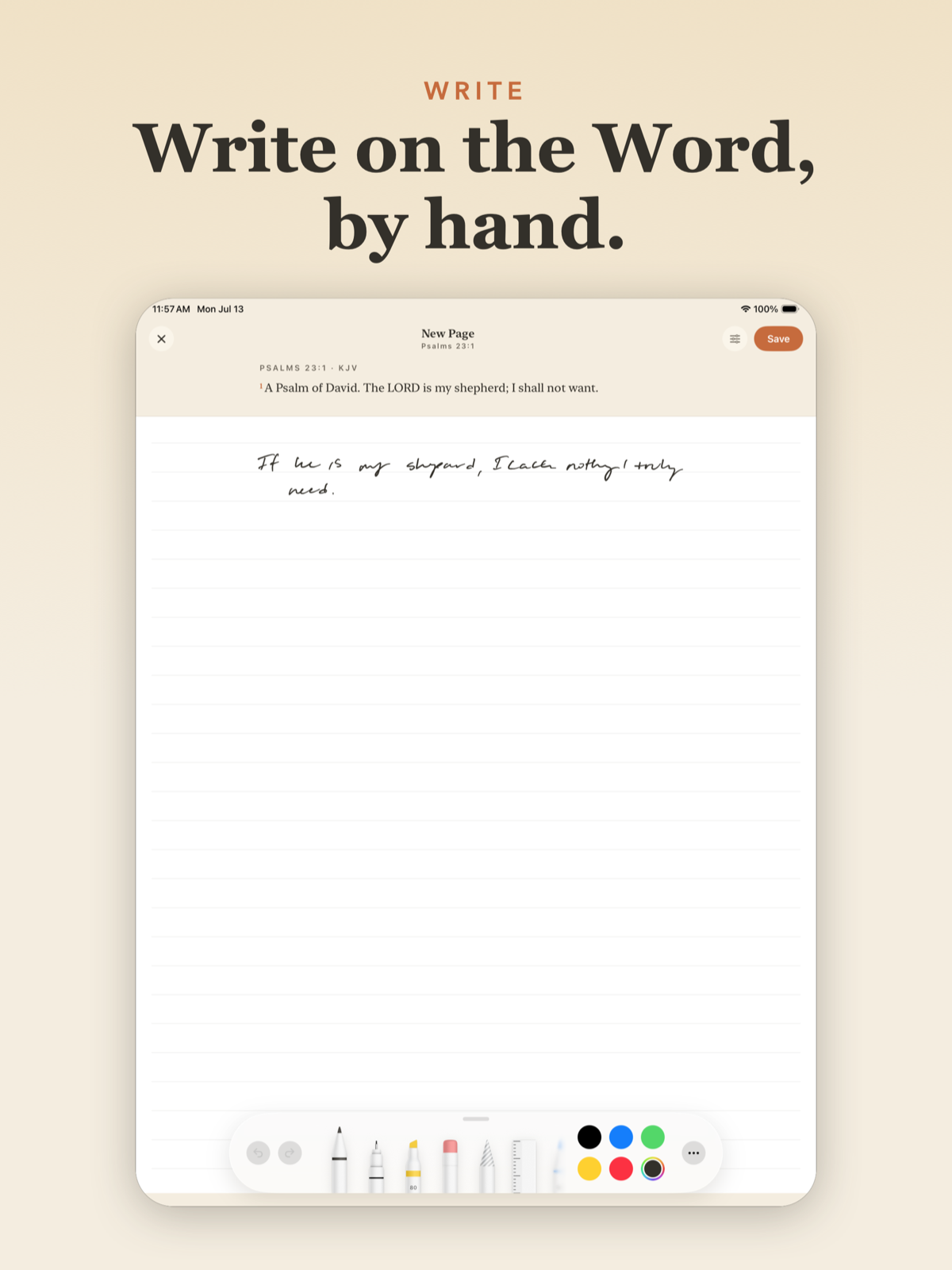 Writing directly on the passage with Apple Pencil. The strokes stay authoritative; the recognized text is a searchable index built from them.