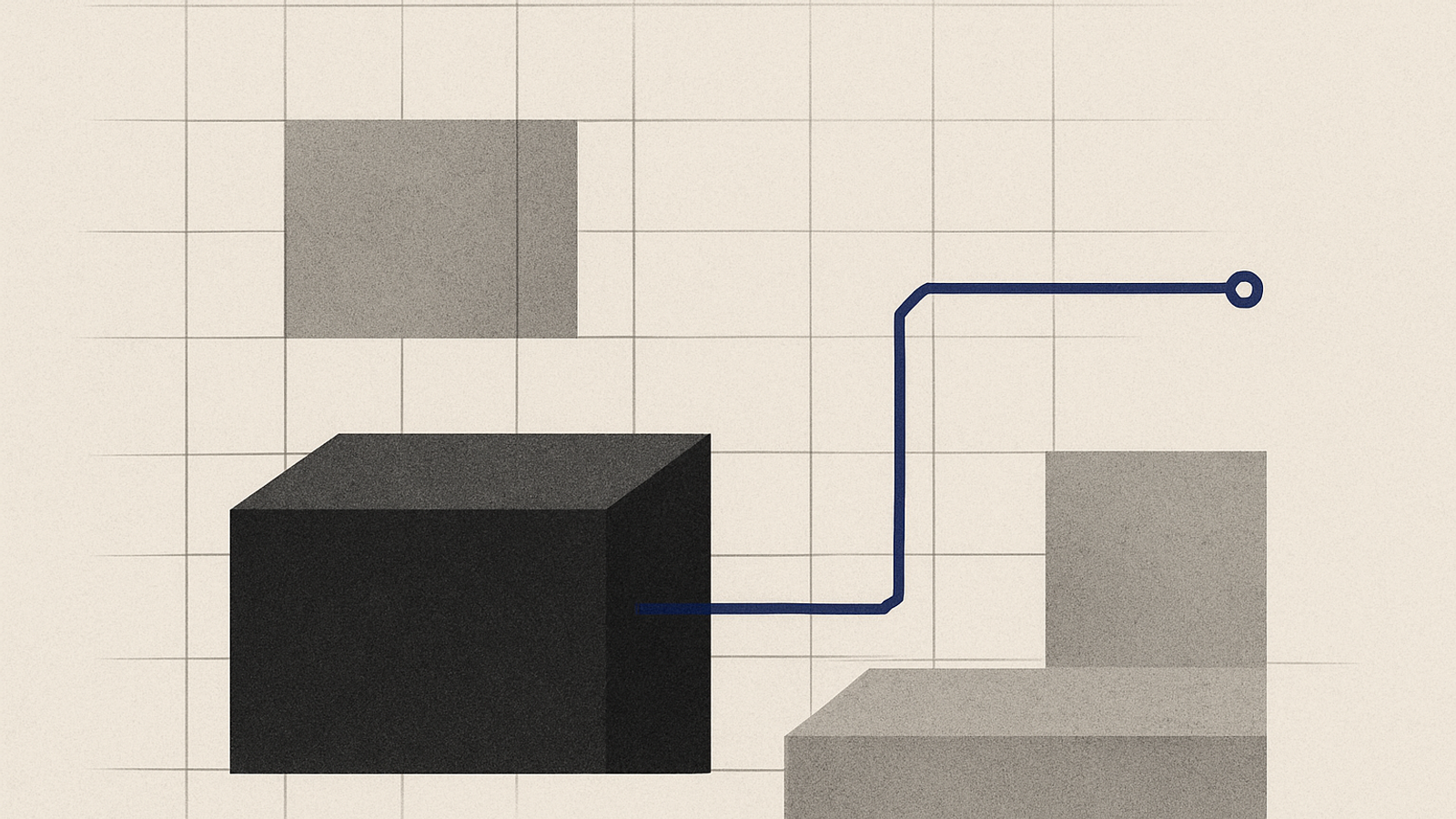 Abstract geometric art showing structural grid blocks with an indigo accent line representing physical power infrastructure.