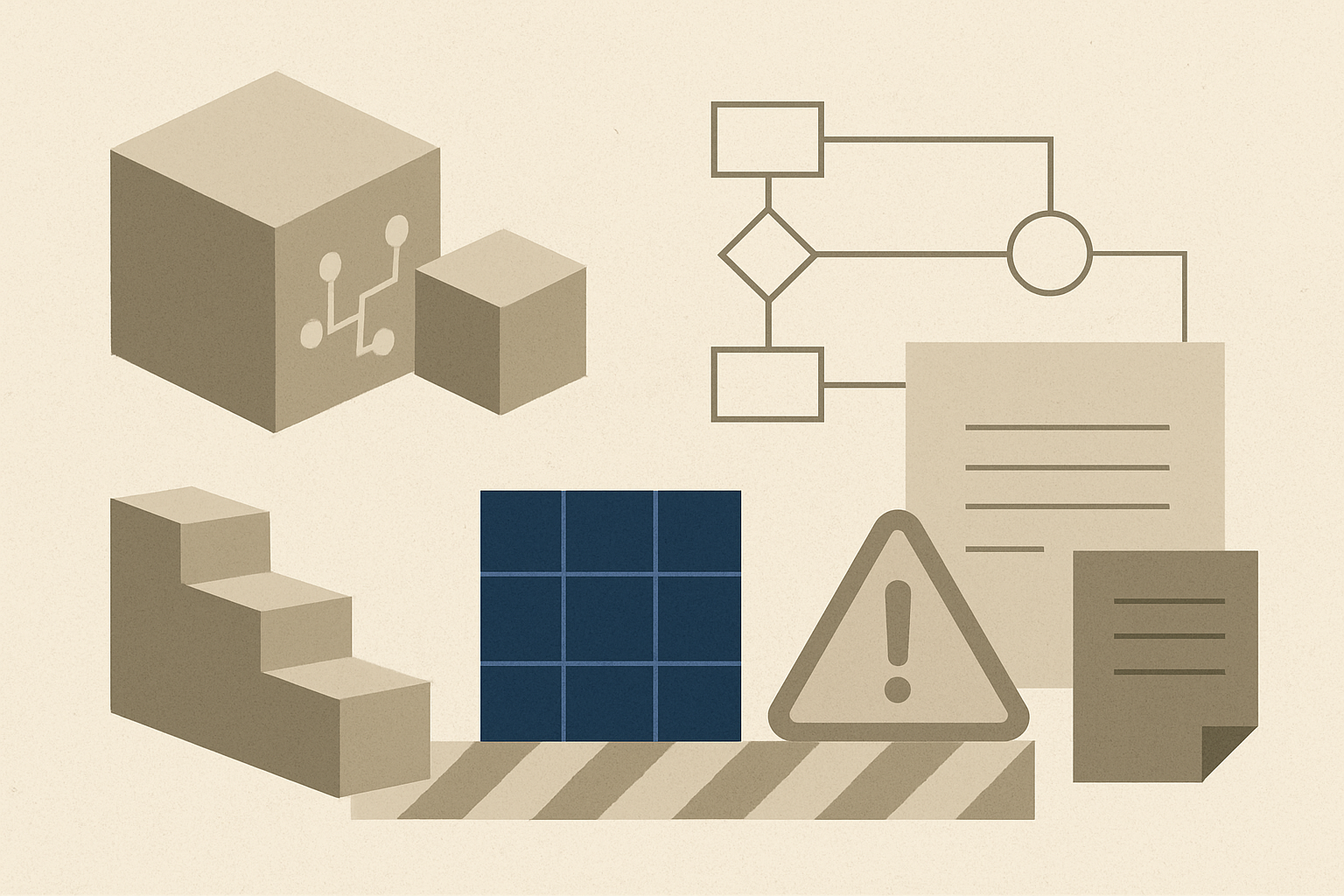 Abstract geometric illustration of AI workflows meeting gates and boundaries, with muted tones and an indigo accent.
