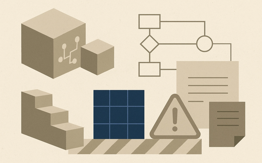 Abstract geometric illustration of AI workflows meeting gates and boundaries, with muted tones and an indigo accent.