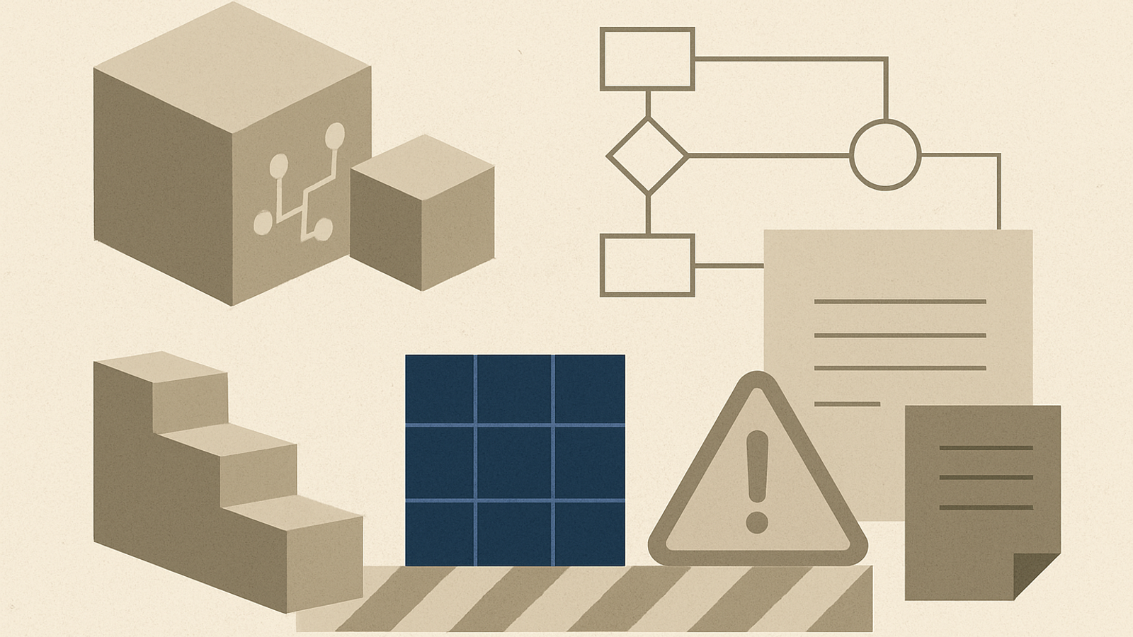 Abstract geometric illustration of AI workflows meeting gates and boundaries, with muted tones and an indigo accent.