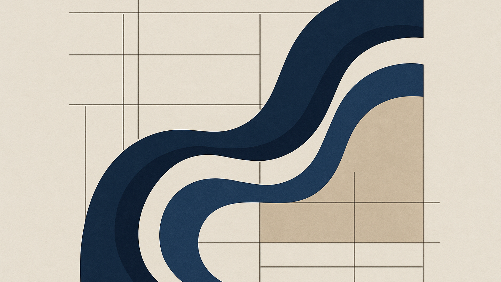 Abstract geometric lines and fluid indigo bands on a muted paper background.