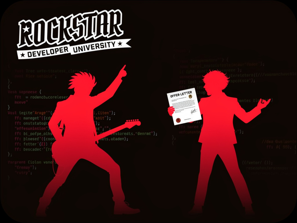 Two developer silhouettes with code in background - one pointing up at Rockstar Developer University logo, one holding an offer letter