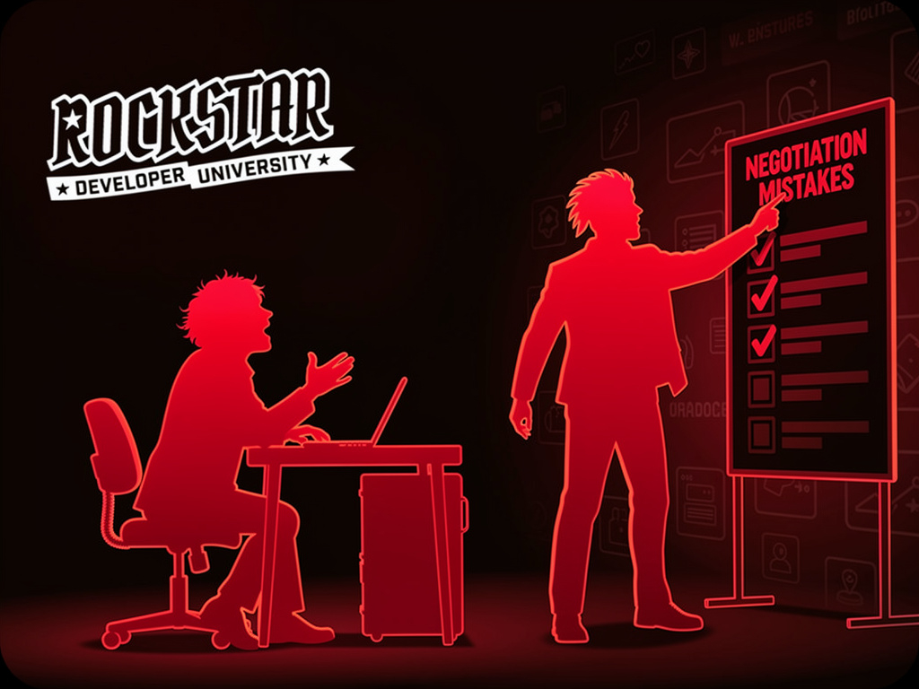 Red silhouette of person at desk with another person pointing at a Negotiation Mistakes checklist board