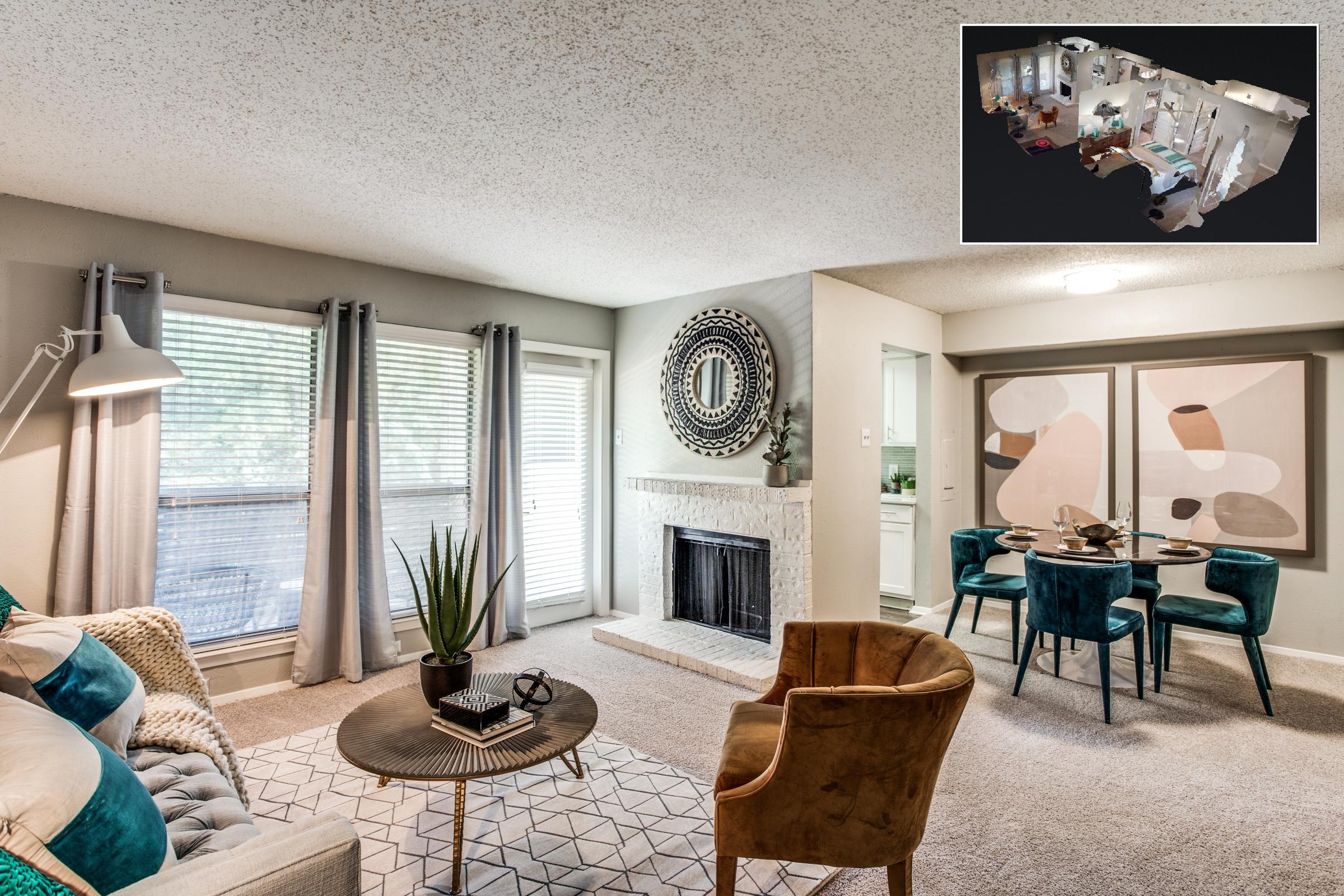 Apartment living room with fireplace, dining area, and Matterport 3D dollhouse view inset, showcasing virtual tour capability in Irving, Texas