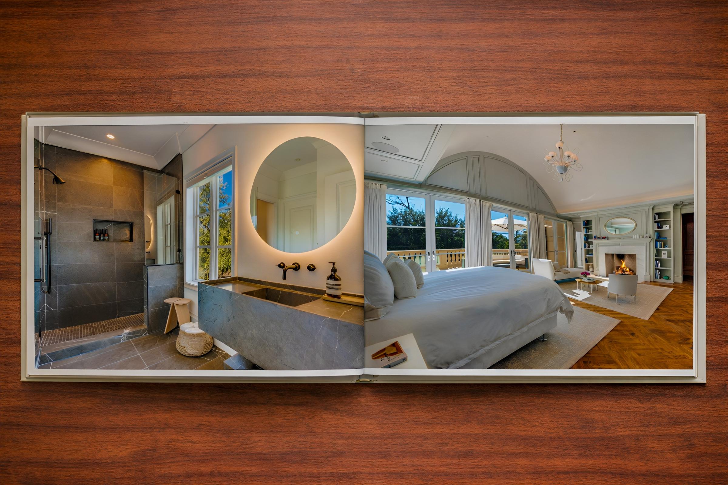 Open keepsake photo album showing luxury bathroom and master bedroom interior photography spread on wood surface