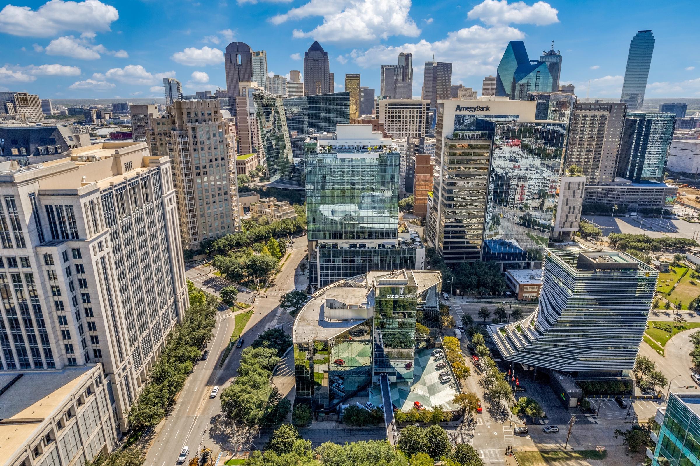 Aerial view of downtown Dallas office district and skyline near North Harwood Street, Dallas, Texas