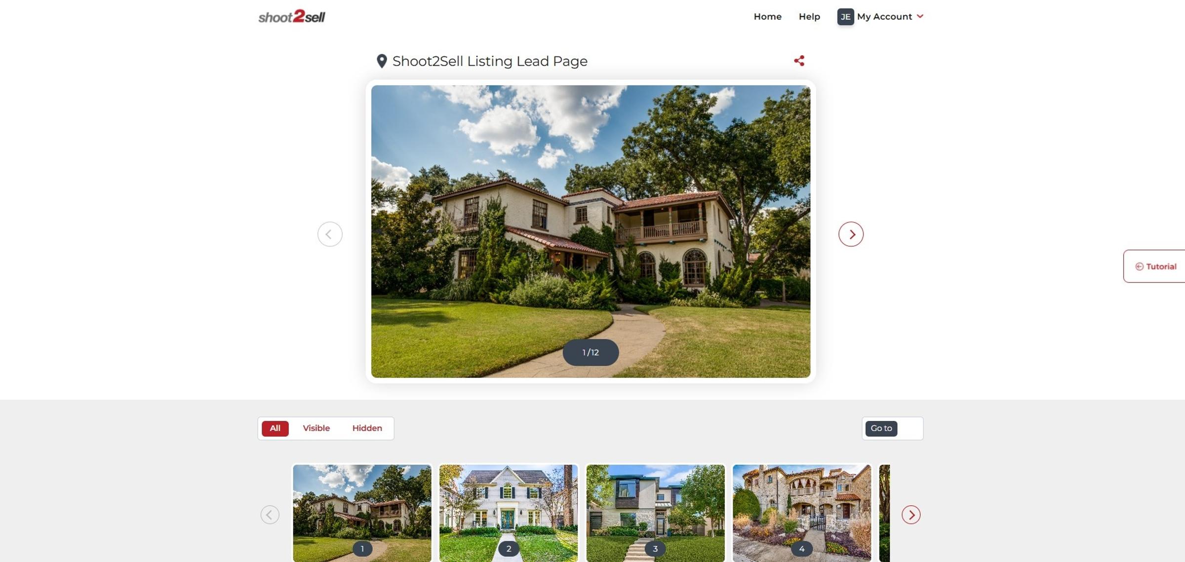Shoot2Sell client dashboard showing photo gallery management with carousel view, visibility toggles, and share button
