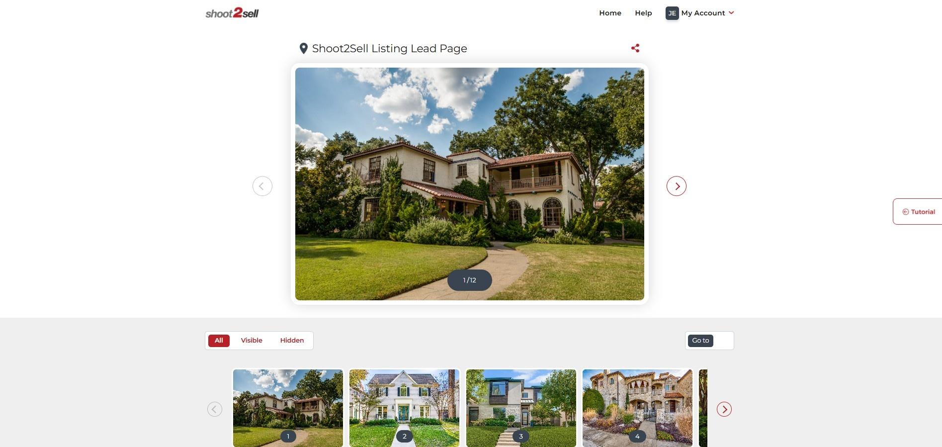 Shoot2Sell client dashboard showing photo gallery management with carousel view, visibility toggles, and share button