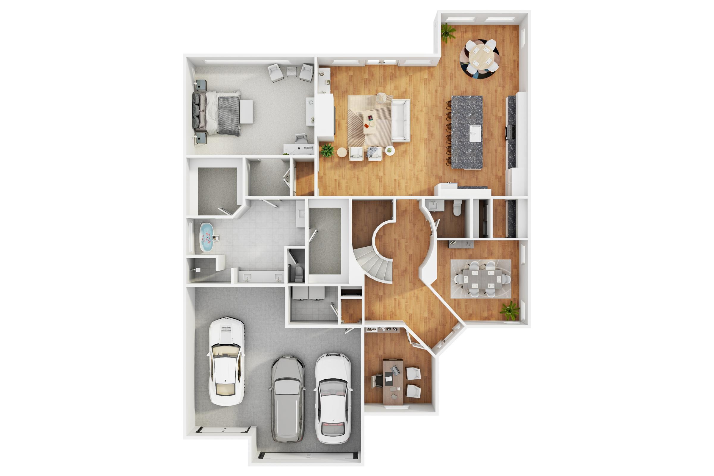 3D rendered floor plan of a two-story single-family rental with spiral staircase and furnished rooms in Spring, Texas