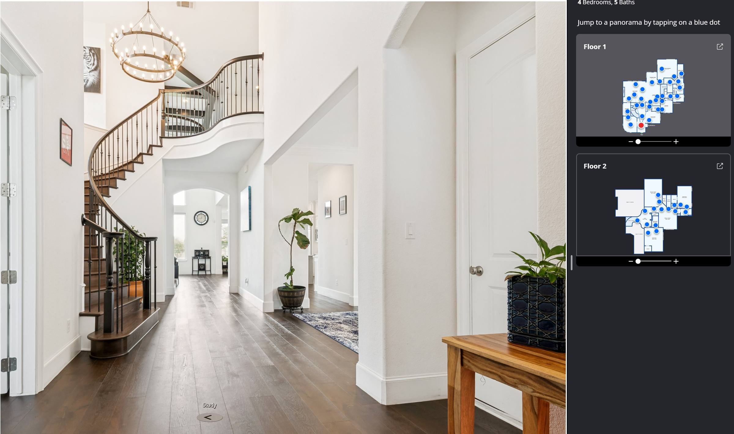 Screenshot of a Zillow Showcase interactive listing interface for a Frisco, TX home — grand two-story entry hallway with a curved staircase, chandelier, and hardwood floors on the left, and a dark sidebar with interactive first- and second-floor plans on the right for dot-by-dot panorama navigation.