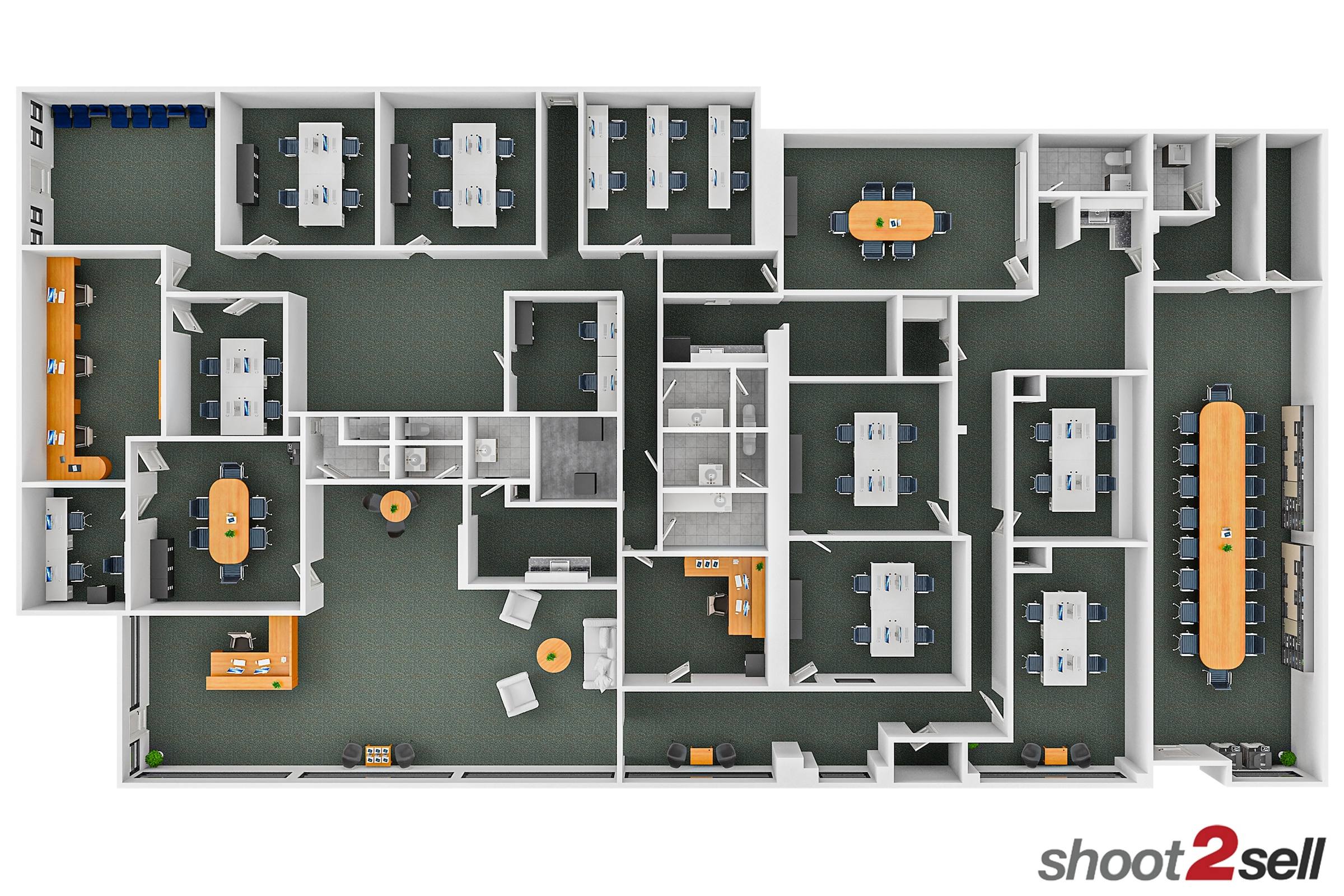3D furnished floor plan of a large commercial office space with conference rooms, workstations, and private offices in Arlington, Texas