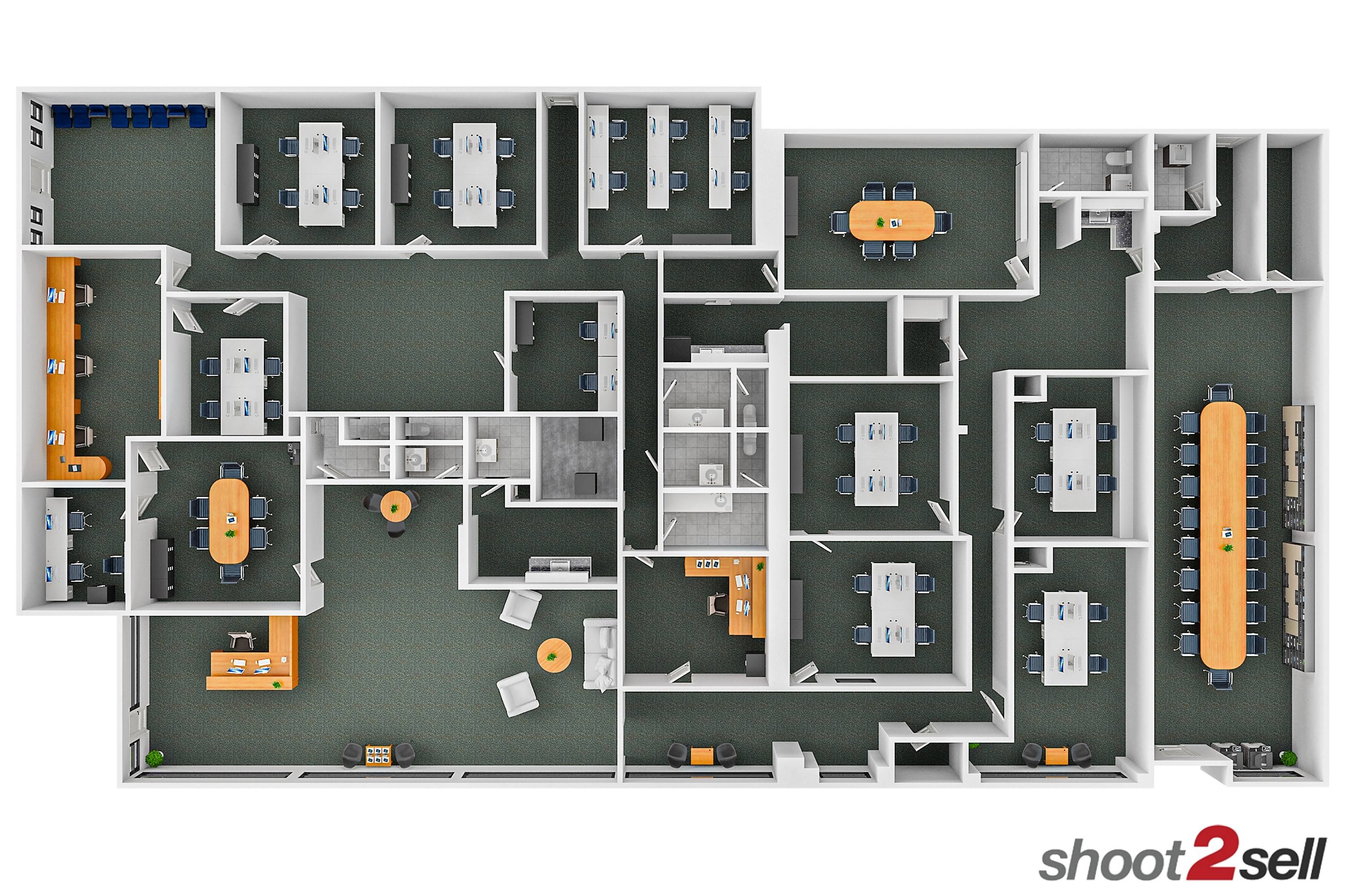 3D furnished floor plan of a large commercial office space with conference rooms, workstations, and private offices in Arlington, Texas