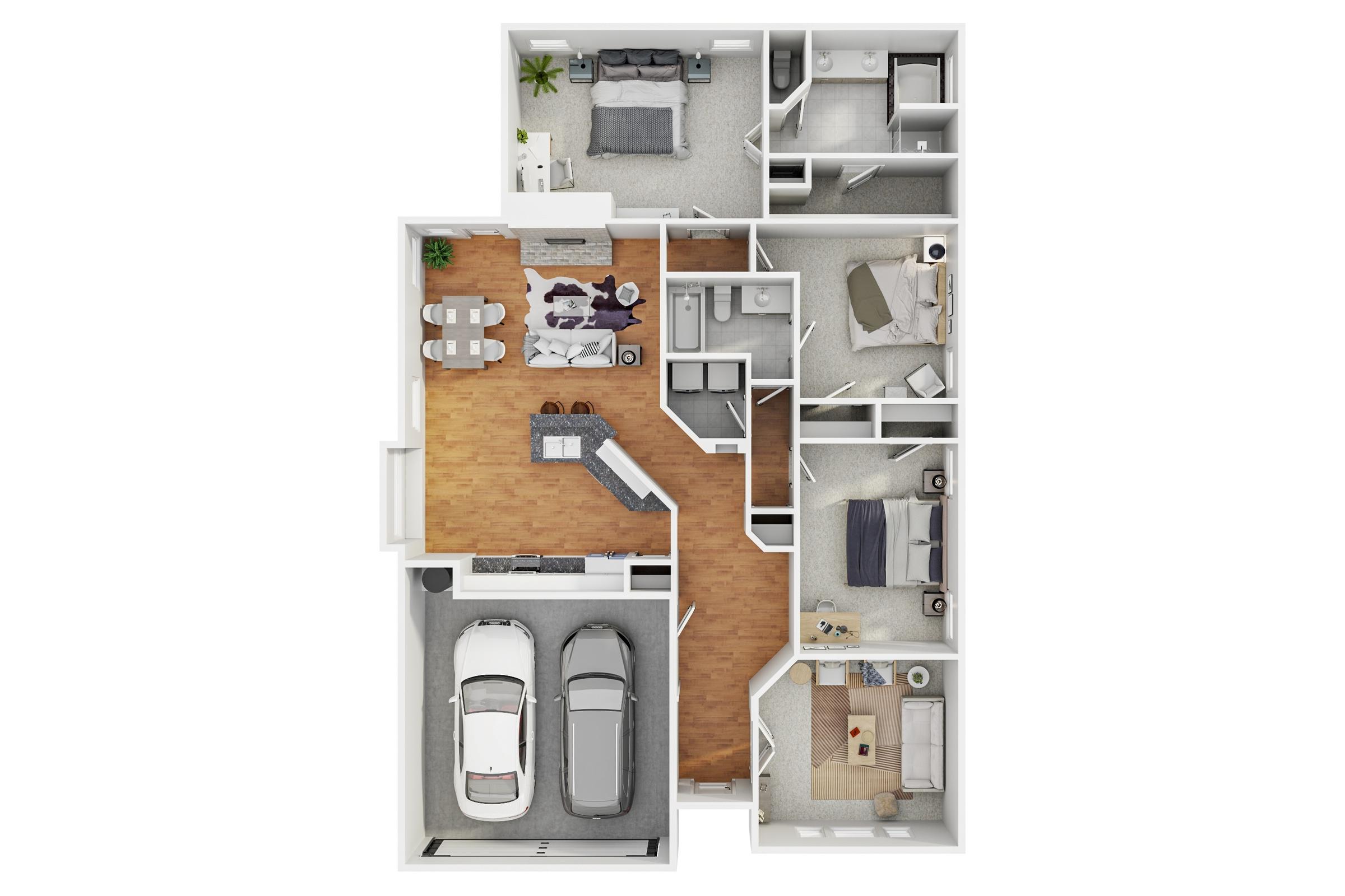 3D rendered floor plan of a 4-bedroom single-family home with 2-car garage in Rhome, Texas