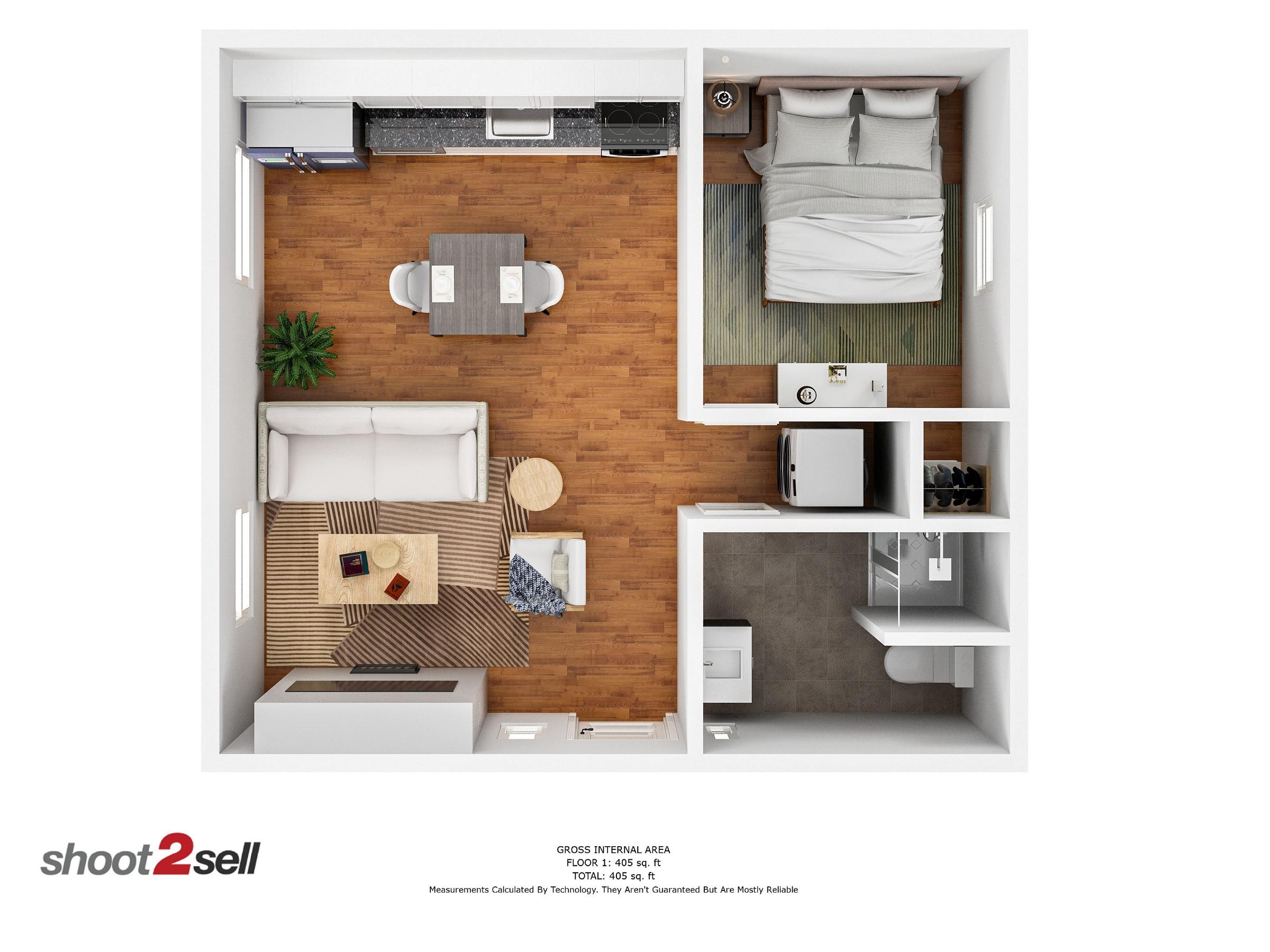 3D furnished floor plan of compact 405 square foot studio apartment with living area, kitchen, bedroom, and closet in Dallas, Texas