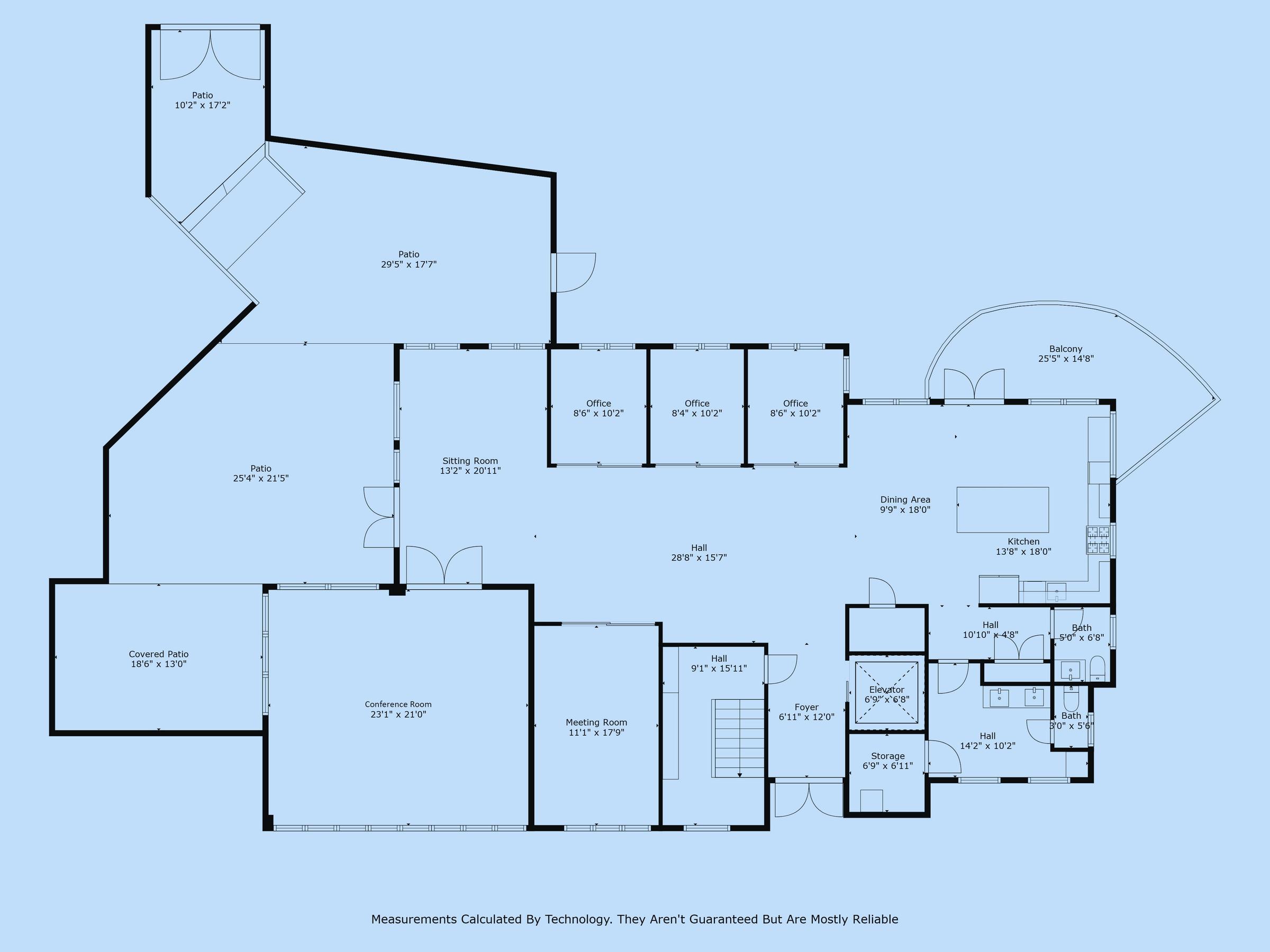 2D floor plan of a large commercial office space with conference room, offices, kitchen, and patios at 3006 Cole Ave in Dallas, Texas
