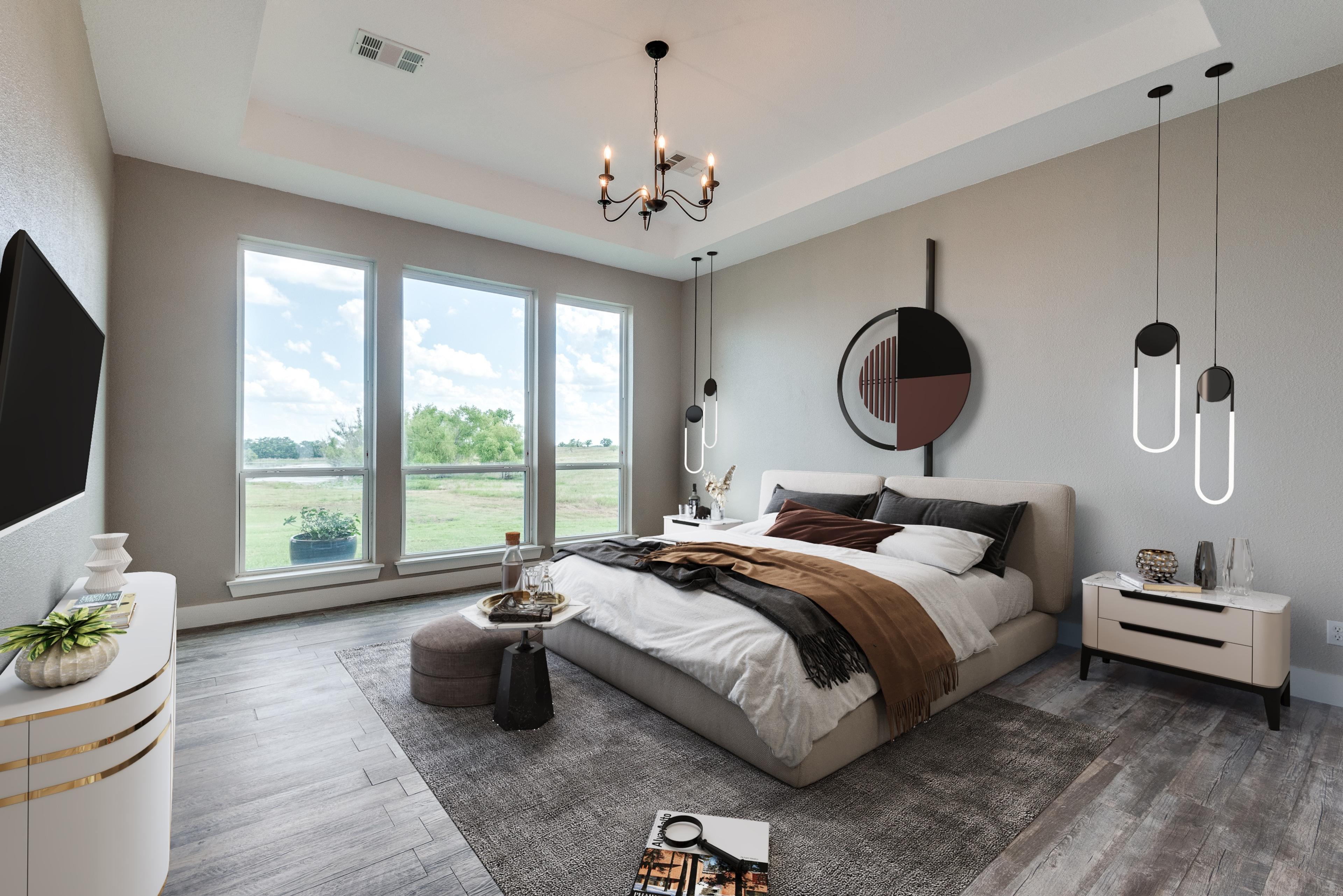 Virtually staged master bedroom with king bed, modern pendant lights, wall art, TV, and dresser in Ennis, Texas