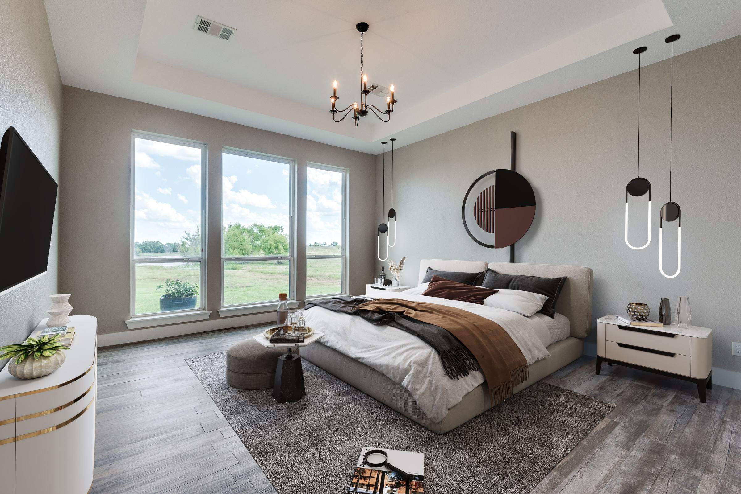 Virtually staged master bedroom with king bed, modern pendant lights, wall art, TV, and dresser in Ennis, Texas
