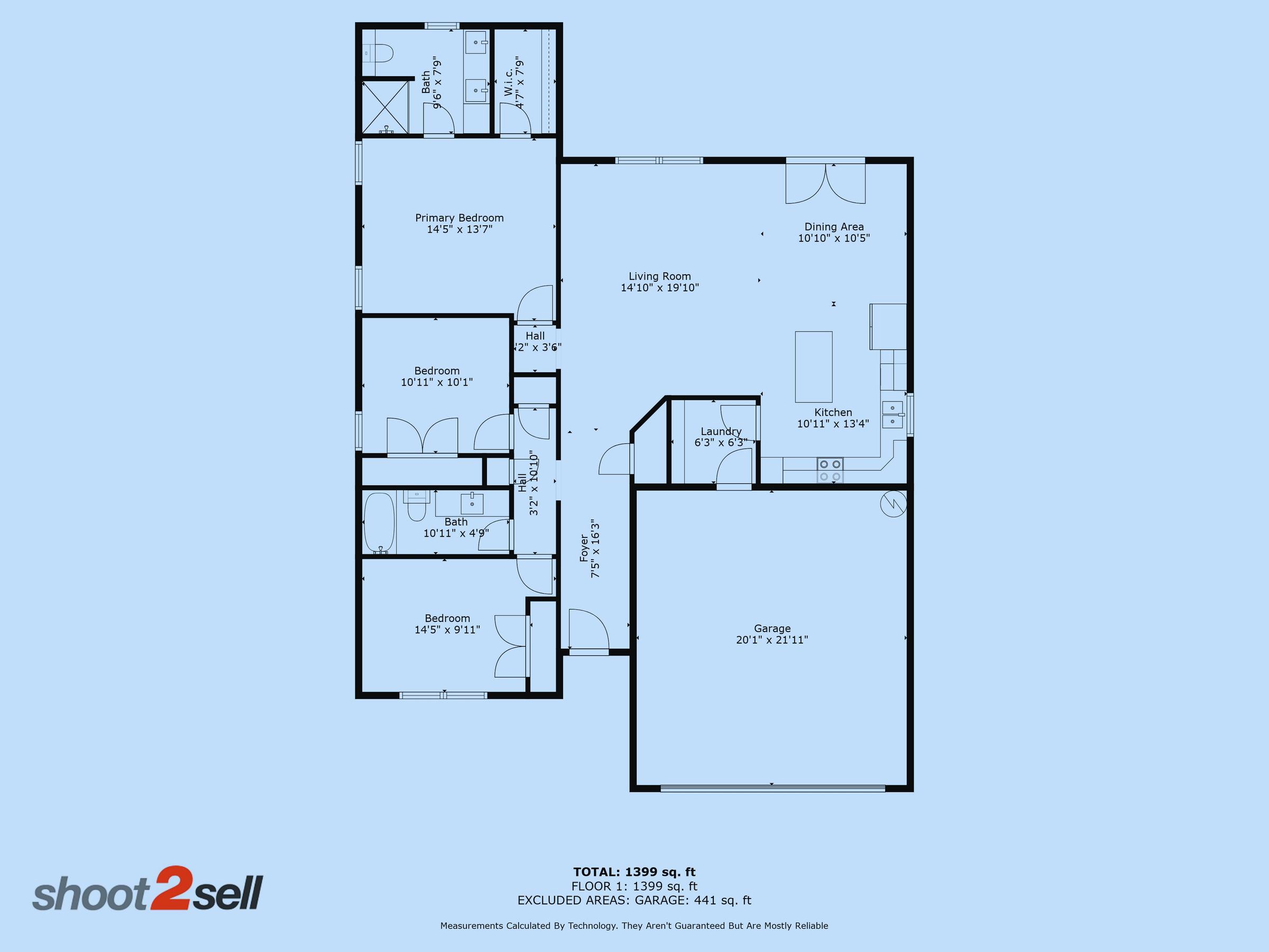 2D floor plan of a 3-bedroom 1,399 sq ft rental home with garage in Stephenville, Texas