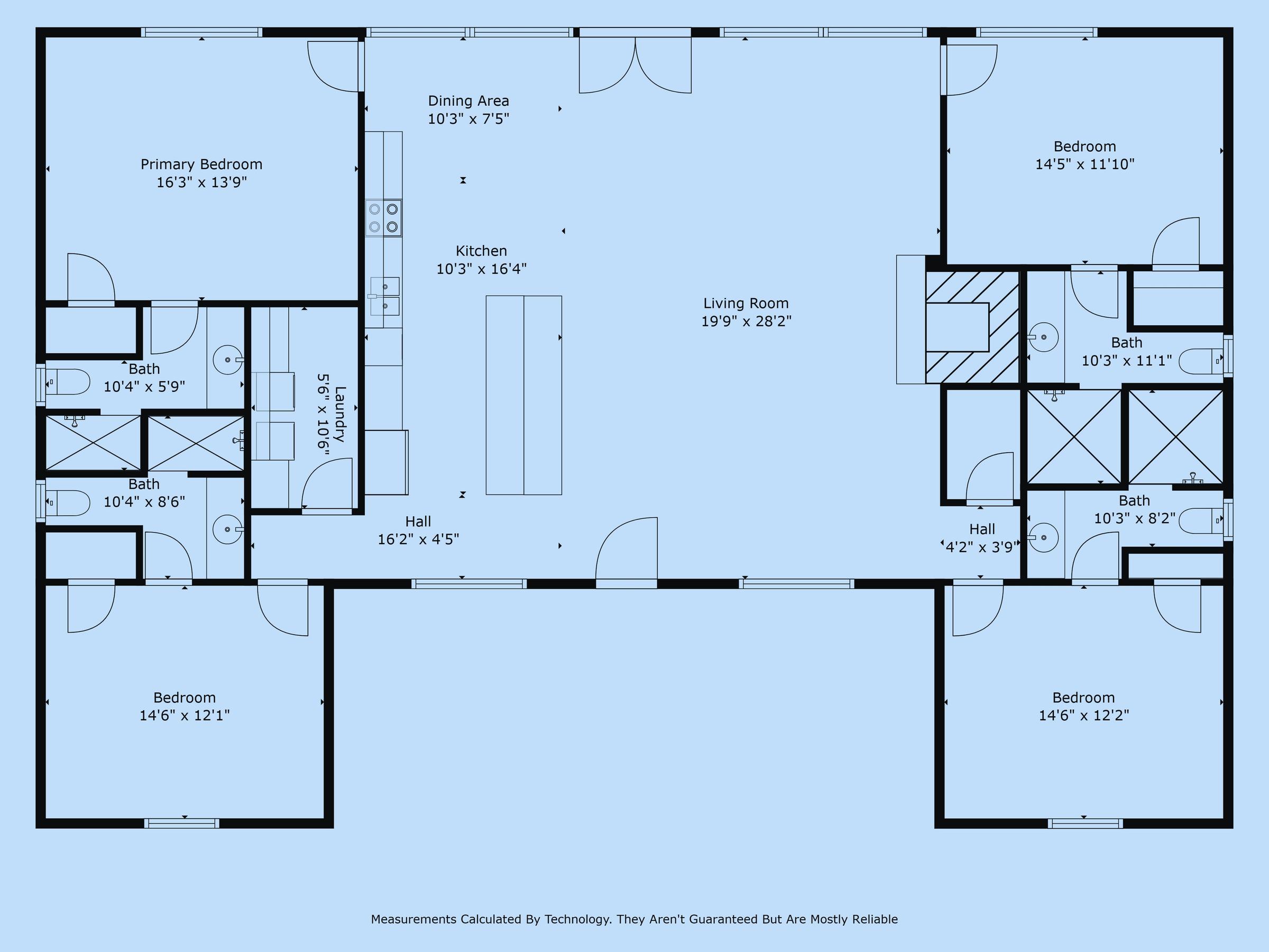 2D floor plan of a 4-bedroom ranch-style home with open living room and large kitchen in Leakey, Texas