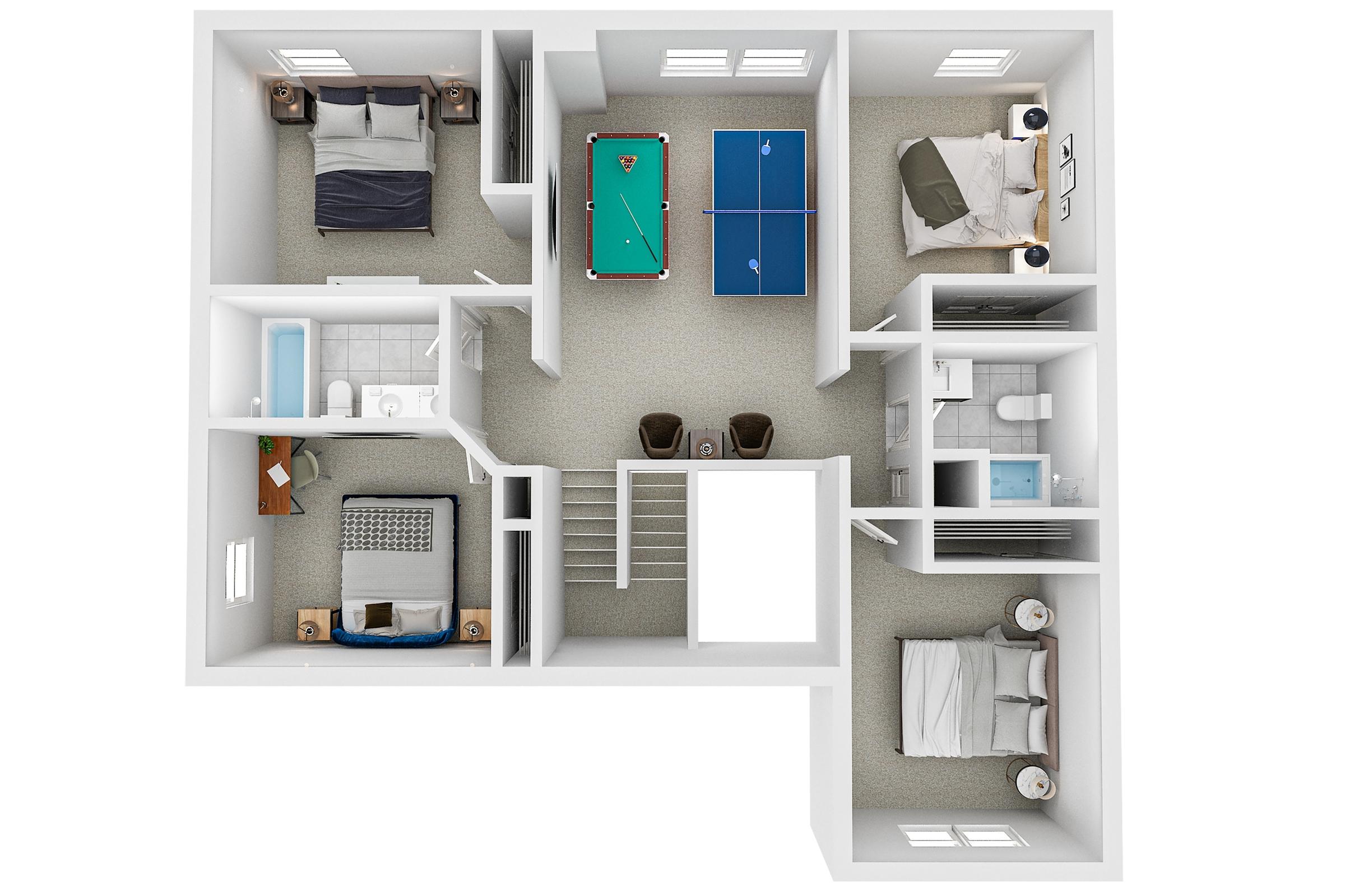 3D rendered basement floor plan with 4 bedrooms, game room with pool table and ping pong in Lake Dallas, Texas