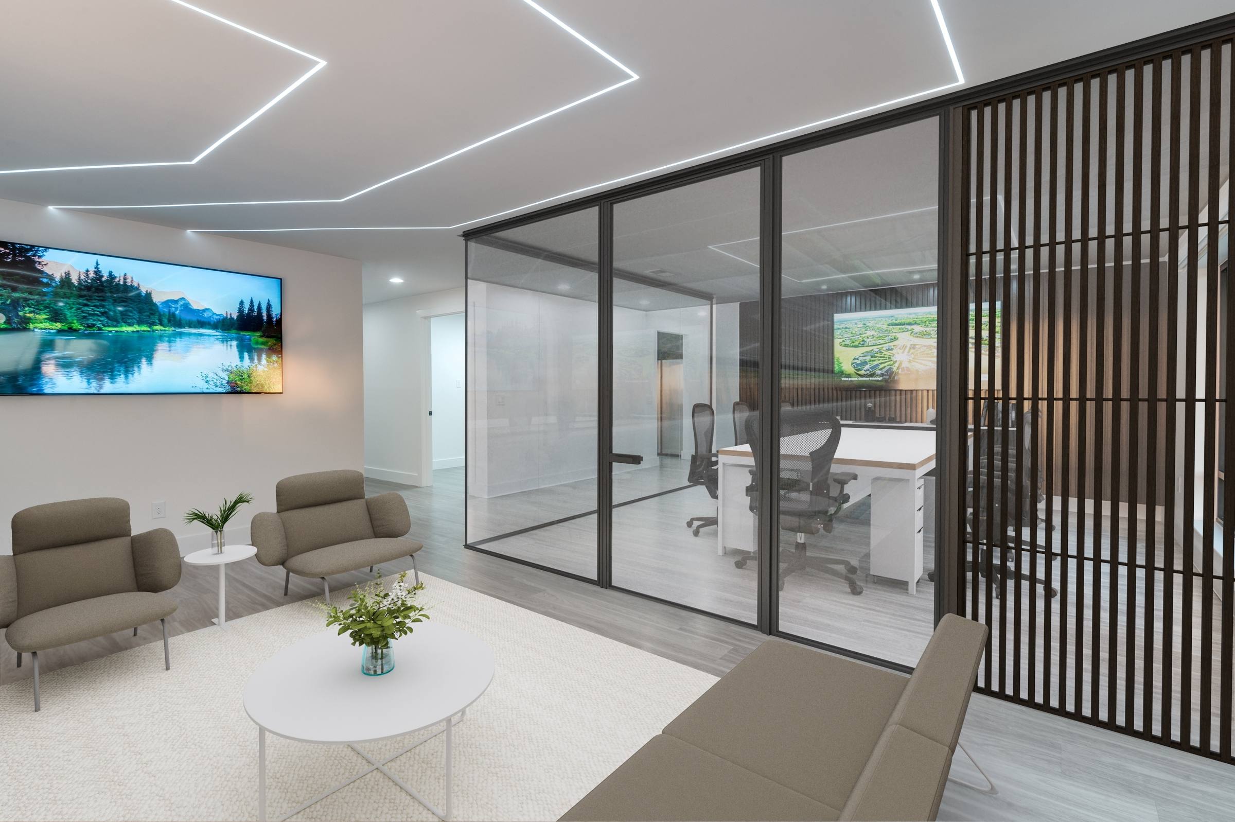 Furnished modern office lobby with lounge seating, glass conference room, and wood slat divider after virtual staging in Dallas, Texas