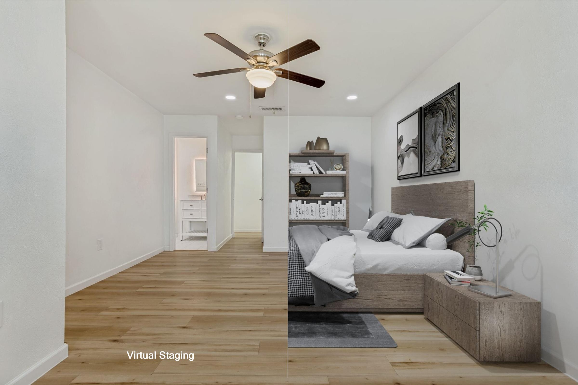 Split-view virtual staging comparison showing a vacant bedroom on the left and the same room virtually staged with modern furniture on the right