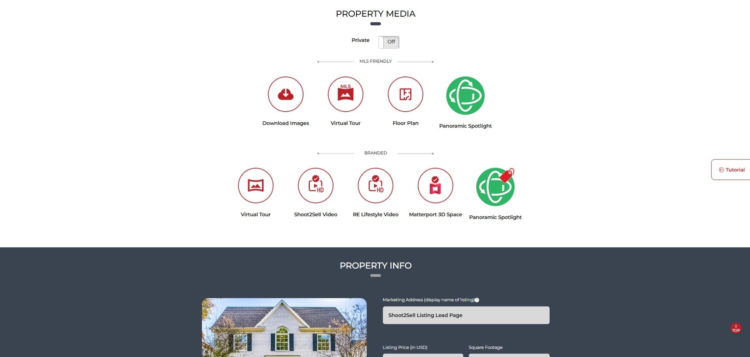 Shoot2Sell client dashboard showing property media access icons for MLS and branded content, plus property info editing fields