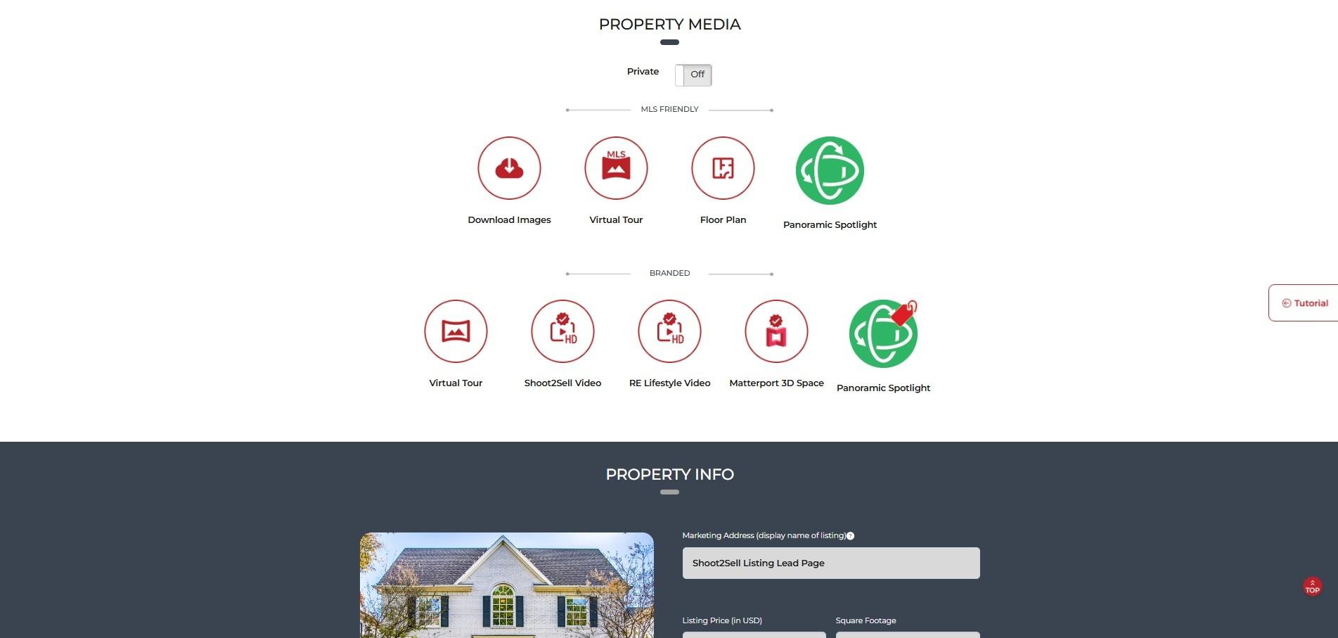 Shoot2Sell client dashboard showing property media access icons for MLS and branded content, plus property info editing fields