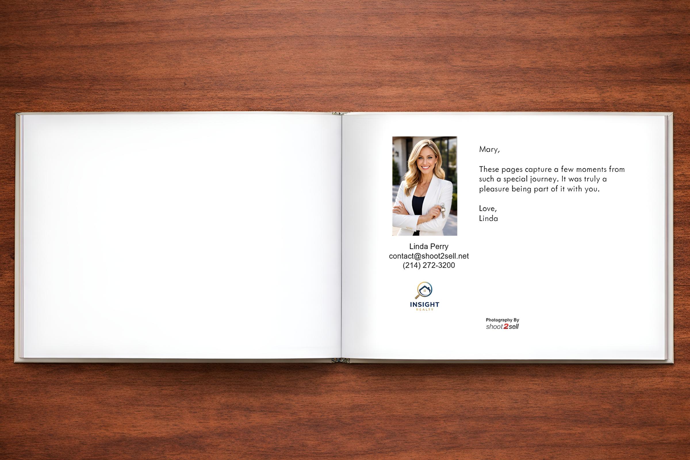 Open keepsake photo album showing personalized agent note page with headshot and Shoot2Sell branding