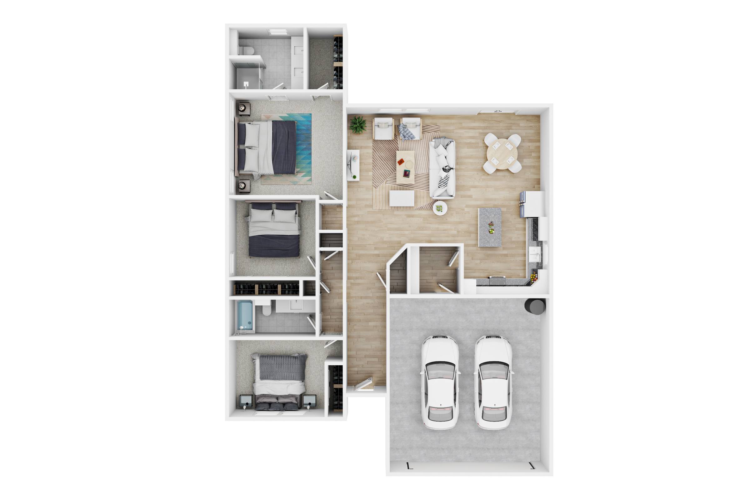 3D rendered floor plan of a 3-bedroom rental home with garage and furnished rooms in Stephenville, Texas