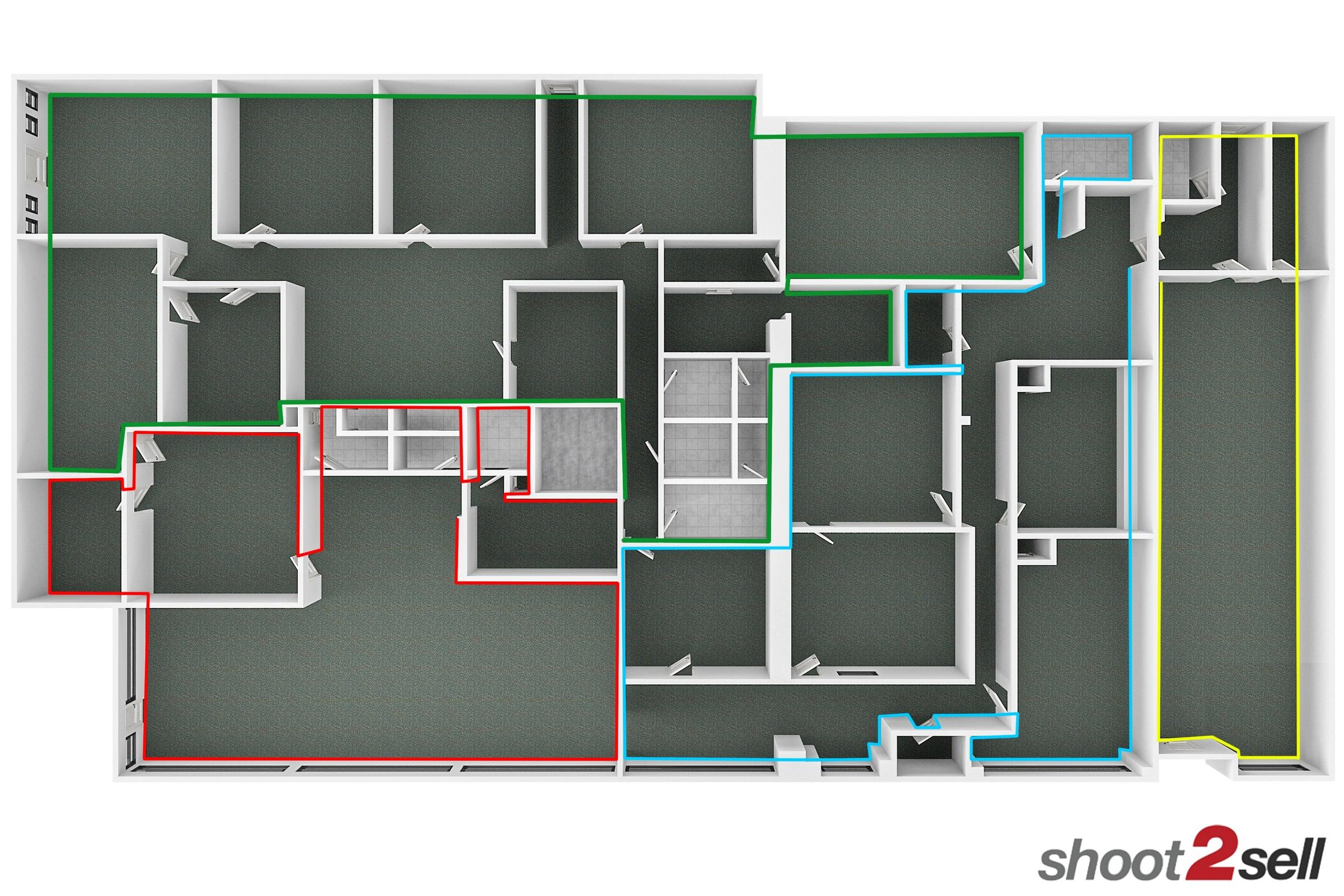 3D floor plan showing color-coded office suites with individual rooms and shared spaces in Arlington, Texas