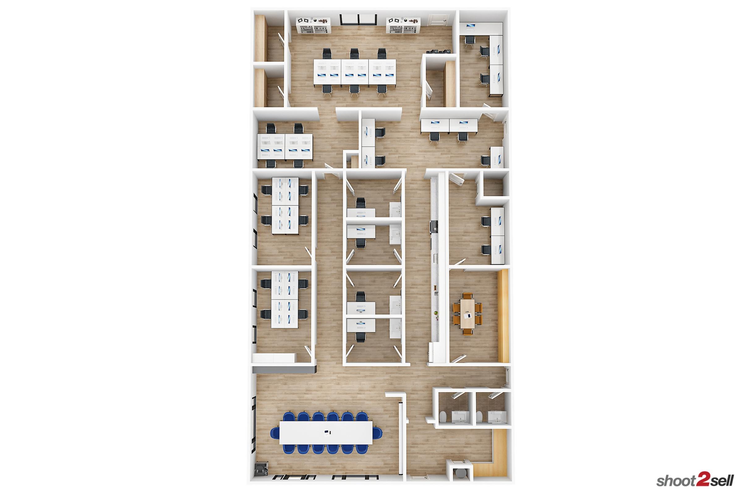 3D furnished floor plan of a multi-room Dallas office with workstations, conference room, and private offices
