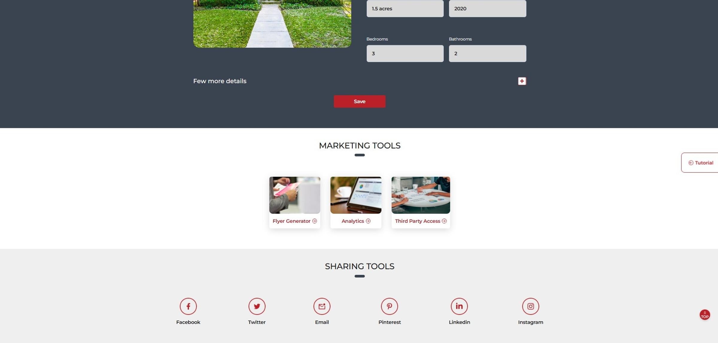 Shoot2Sell client dashboard showing marketing tools including flyer generator, analytics, third party access, and social media sharing buttons
