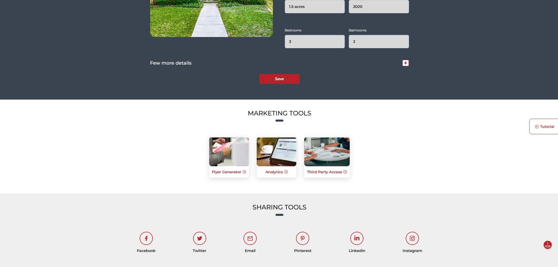 Shoot2Sell client dashboard showing marketing tools including flyer generator, analytics, third party access, and social media sharing buttons