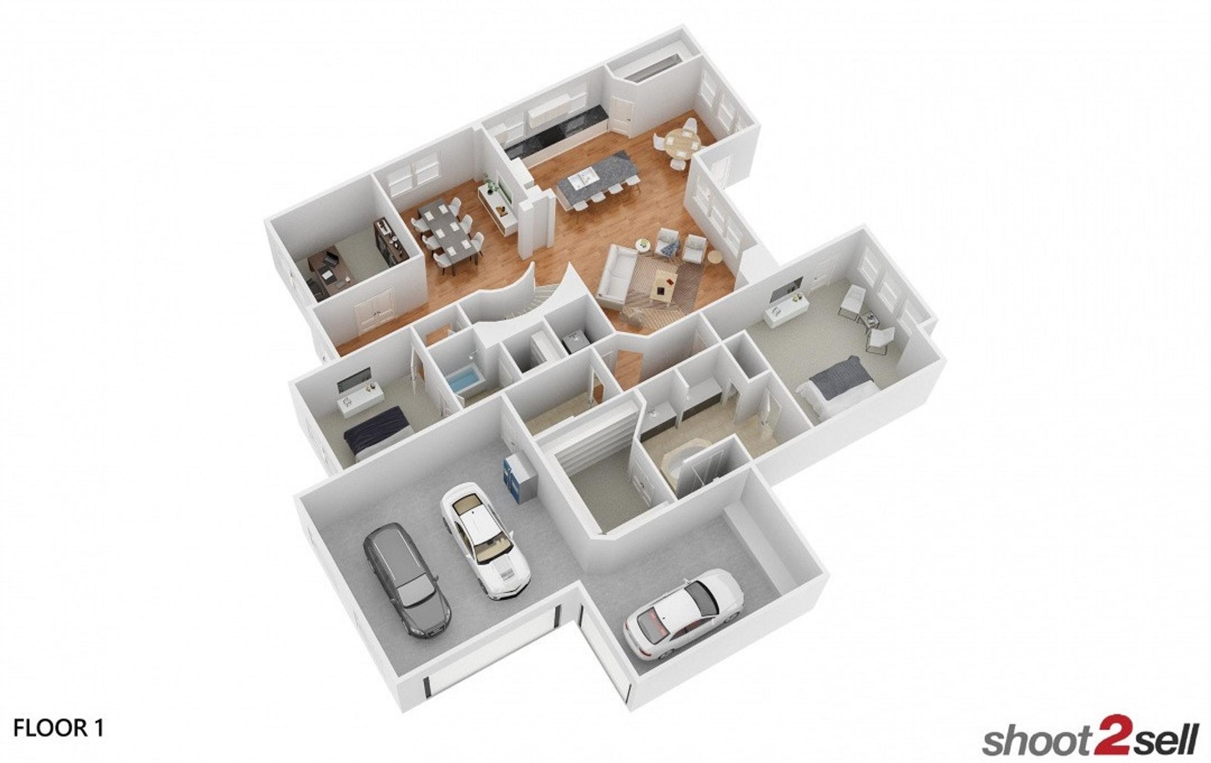 3D rendered first-floor plan with furnished rooms showing open-concept living, kitchen, dining, bedrooms, and three-car garage for a home in Little Elm, Texas
