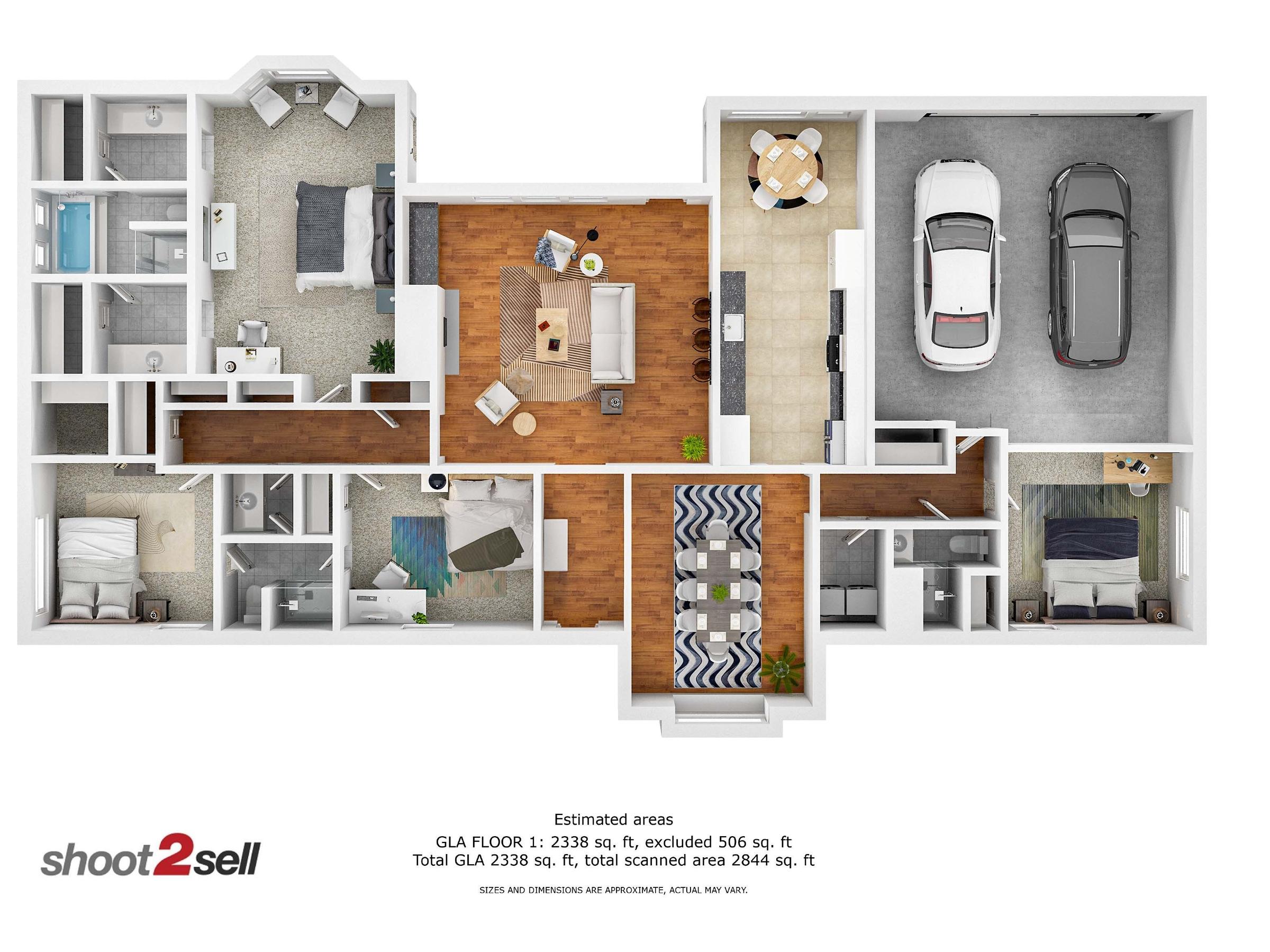 3D rendered floor plan of a 4-bedroom 2,338 sq ft single-family home with garage in Rowlett, Texas