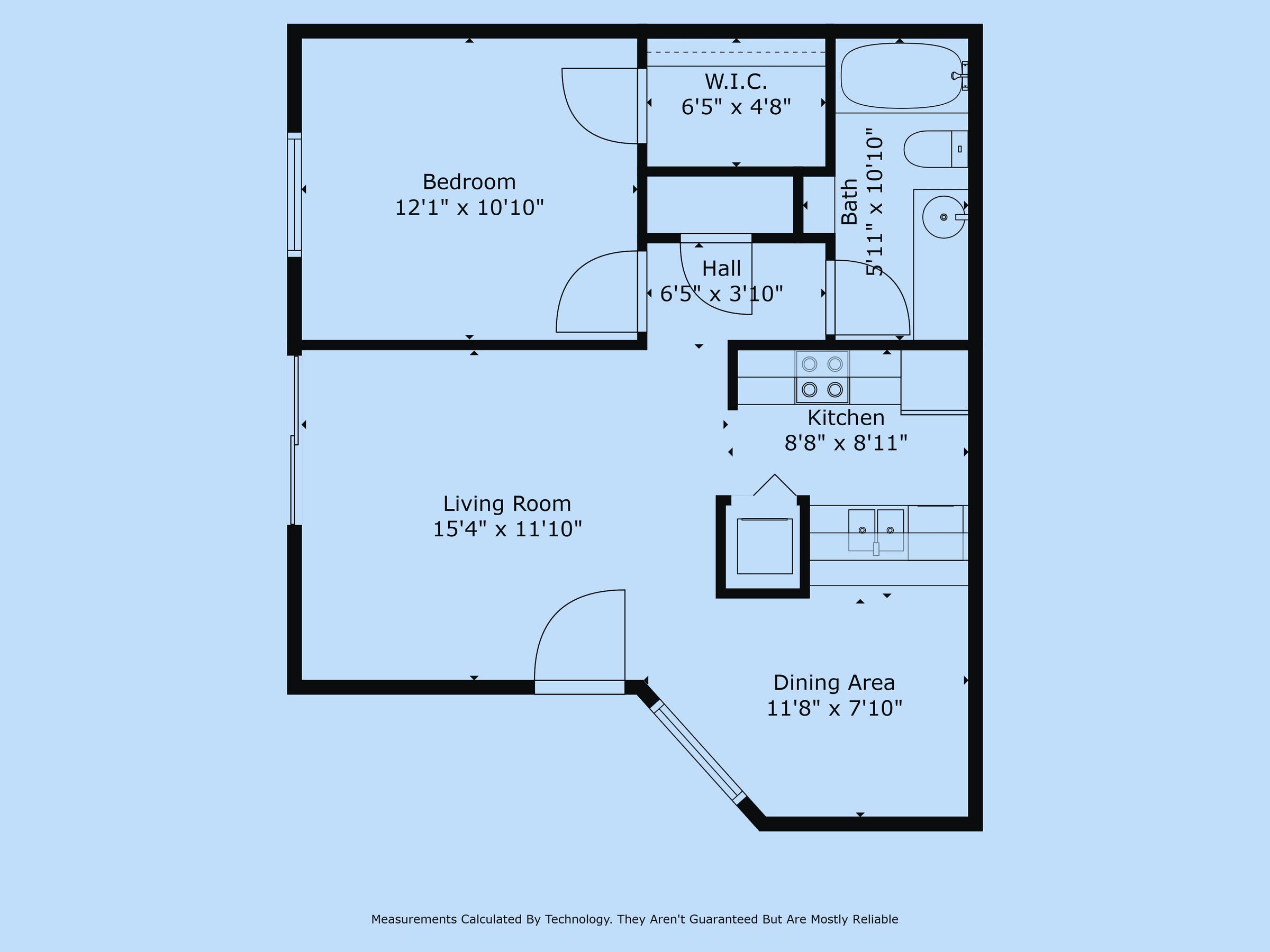 Black and white 2D floor plan of one-bedroom apartment with living room, kitchen, dining area, and walk-in closet in Austin, Texas