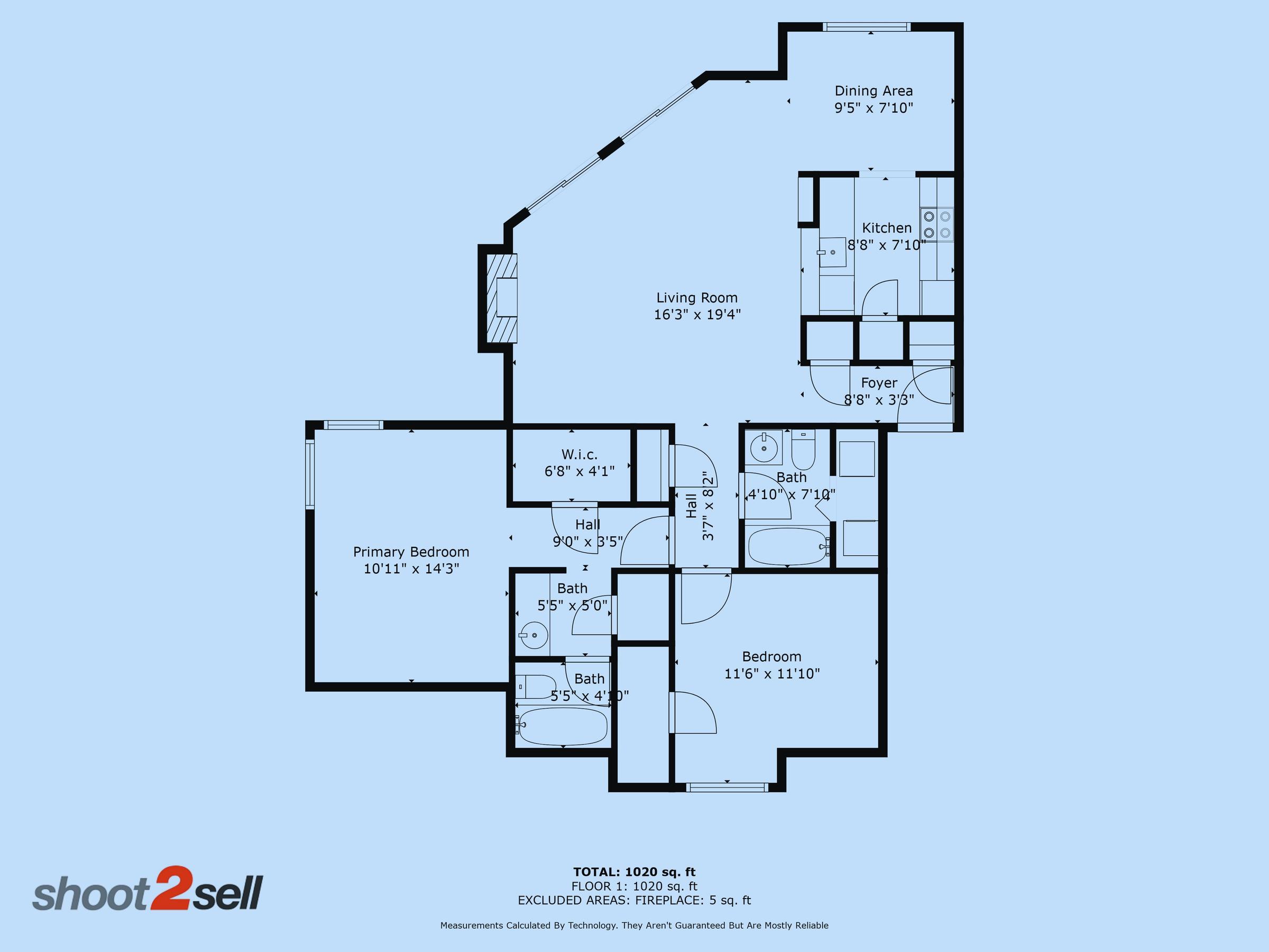 Branded Shoot2Sell 2D floor plan of two-bedroom two-bathroom apartment unit totaling 1020 square feet in Houston, Texas