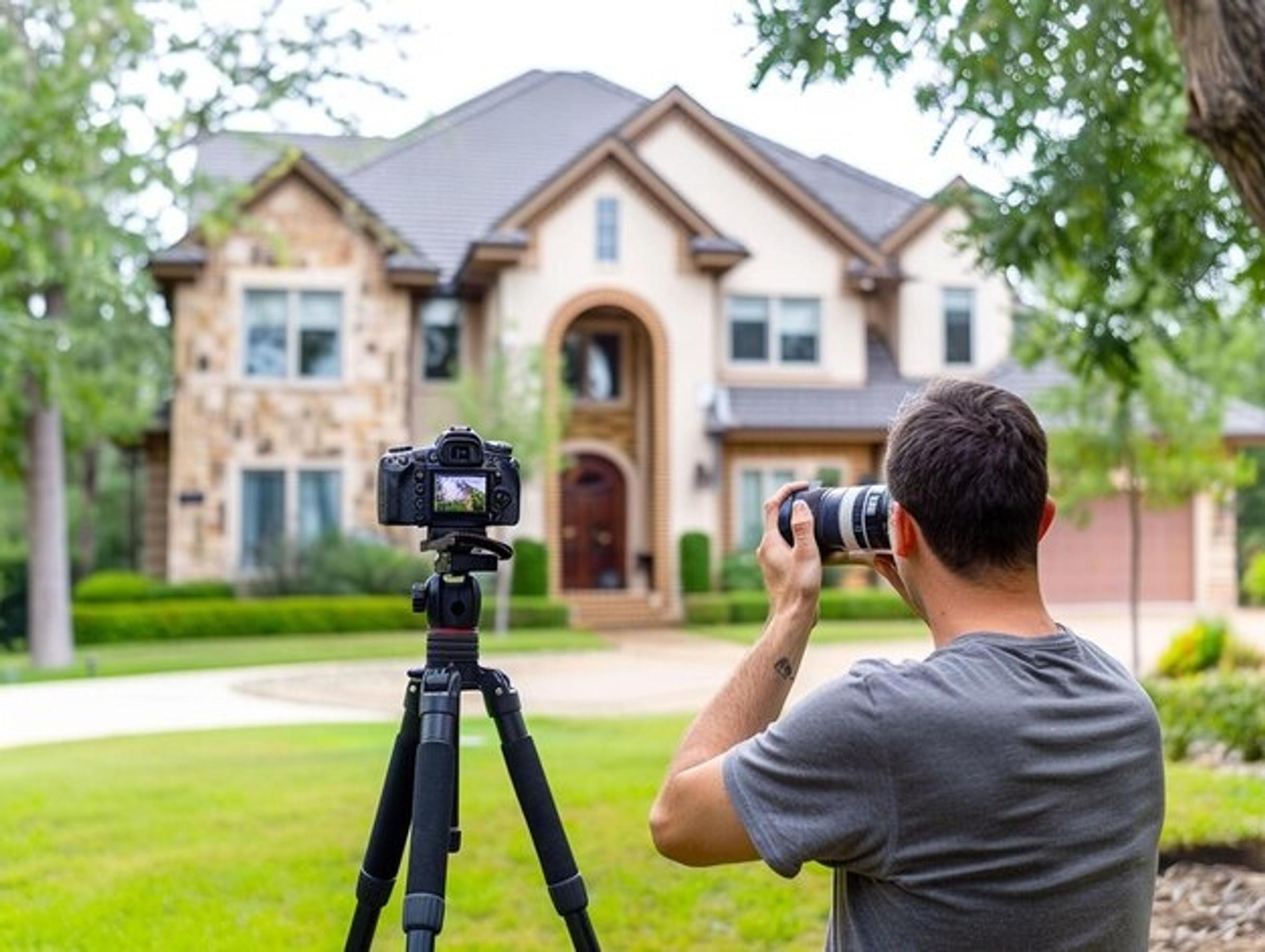 Professional real estate photographer with DSLR camera on tripod photographing a two-story stone and stucco home exterior.