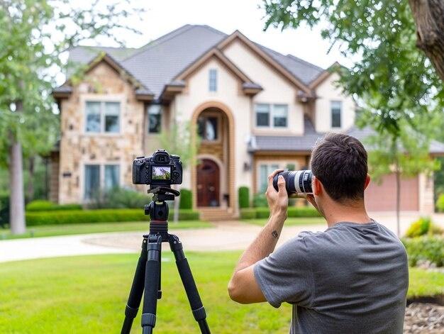 Professional real estate photographer with DSLR camera on tripod photographing a two-story stone and stucco home exterior.