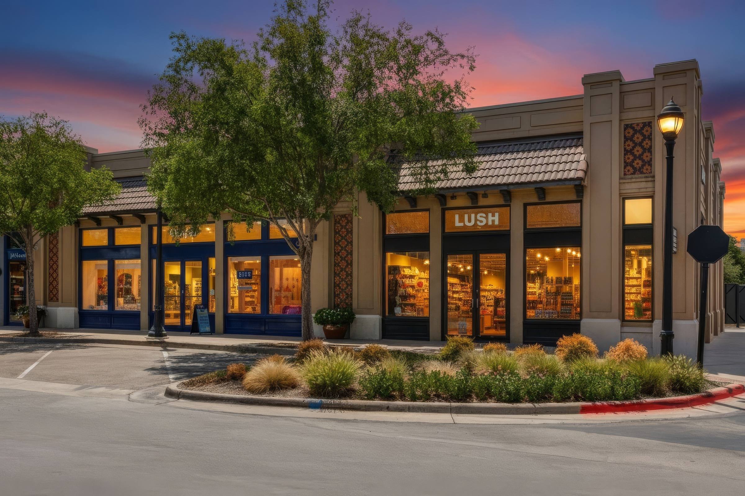 Digital twilight enhancement of a retail strip center with glowing storefronts and dramatic sunset sky in Dallas, Texas