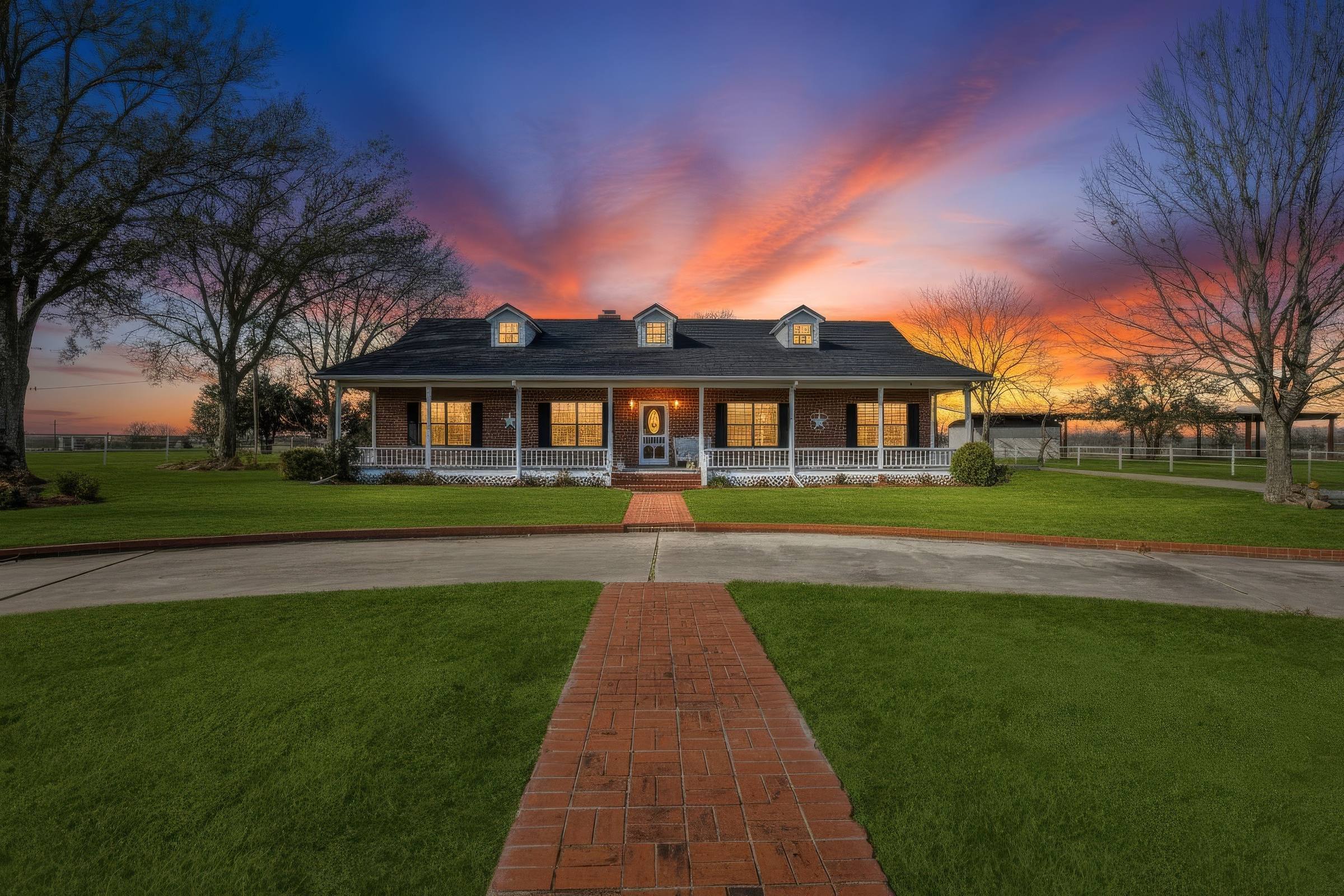 Digital twilight enhancement of a ranch home with wraparound porch, glowing windows, and dramatic sunset sky in Mexia, Texas