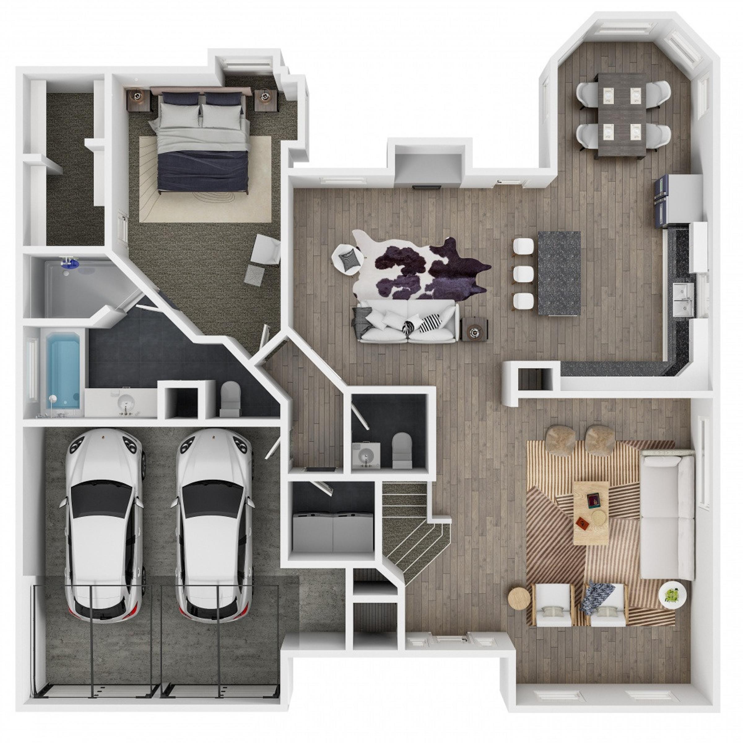 3D rendered floor plan with furnished rooms showing bedroom, living area, kitchen, dining space, and two-car garage for a home in Flower Mound, Texas