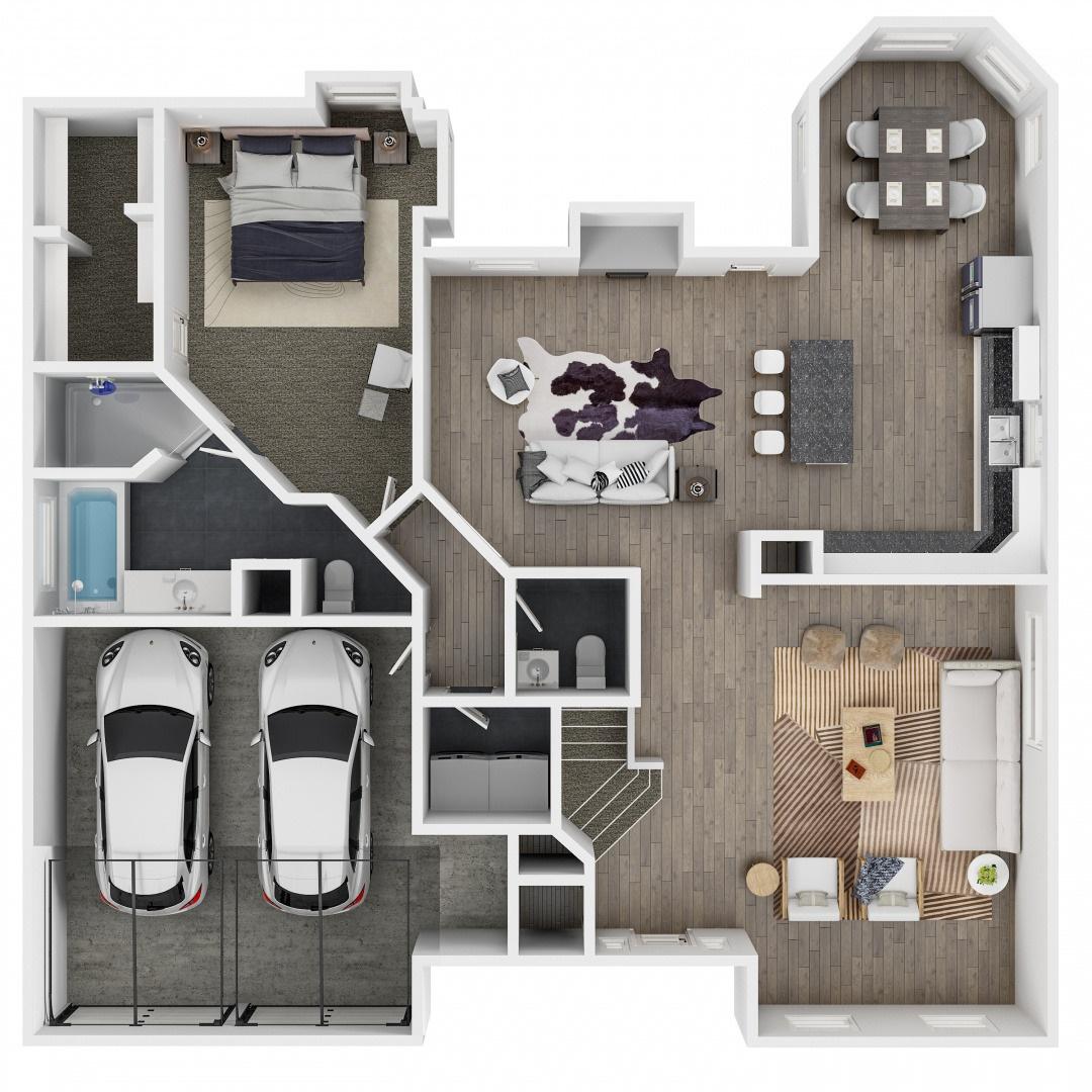 3D rendered floor plan with furnished rooms showing bedroom, living area, kitchen, dining space, and two-car garage for a home in Flower Mound, Texas